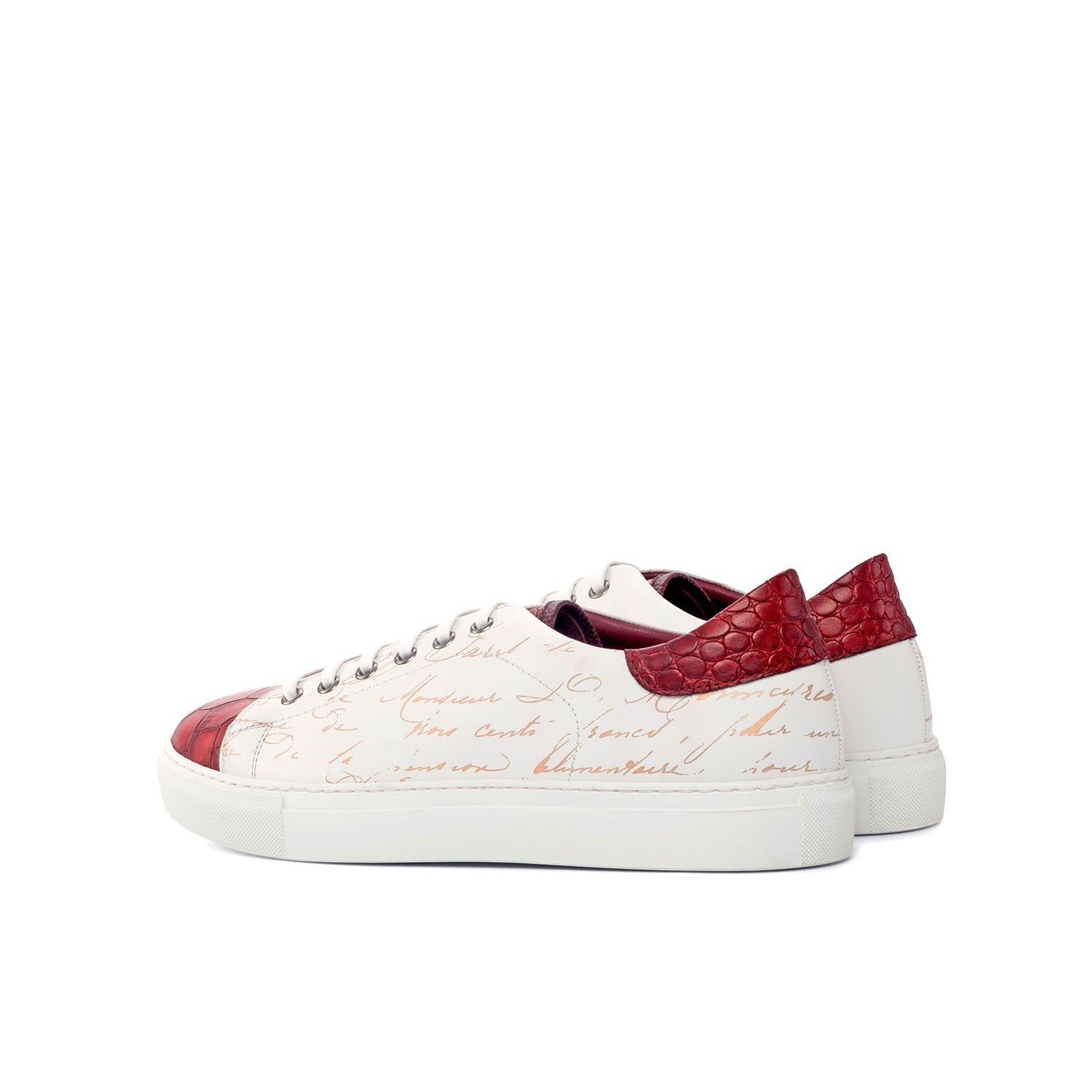 Ambrogio Bespoke Men's Handmade Custom Shoes White, Burgundy & Red Crocodile Print/ Pebble Grain / Calf-Skin Leather Trainer Sneakers (AMB1837)