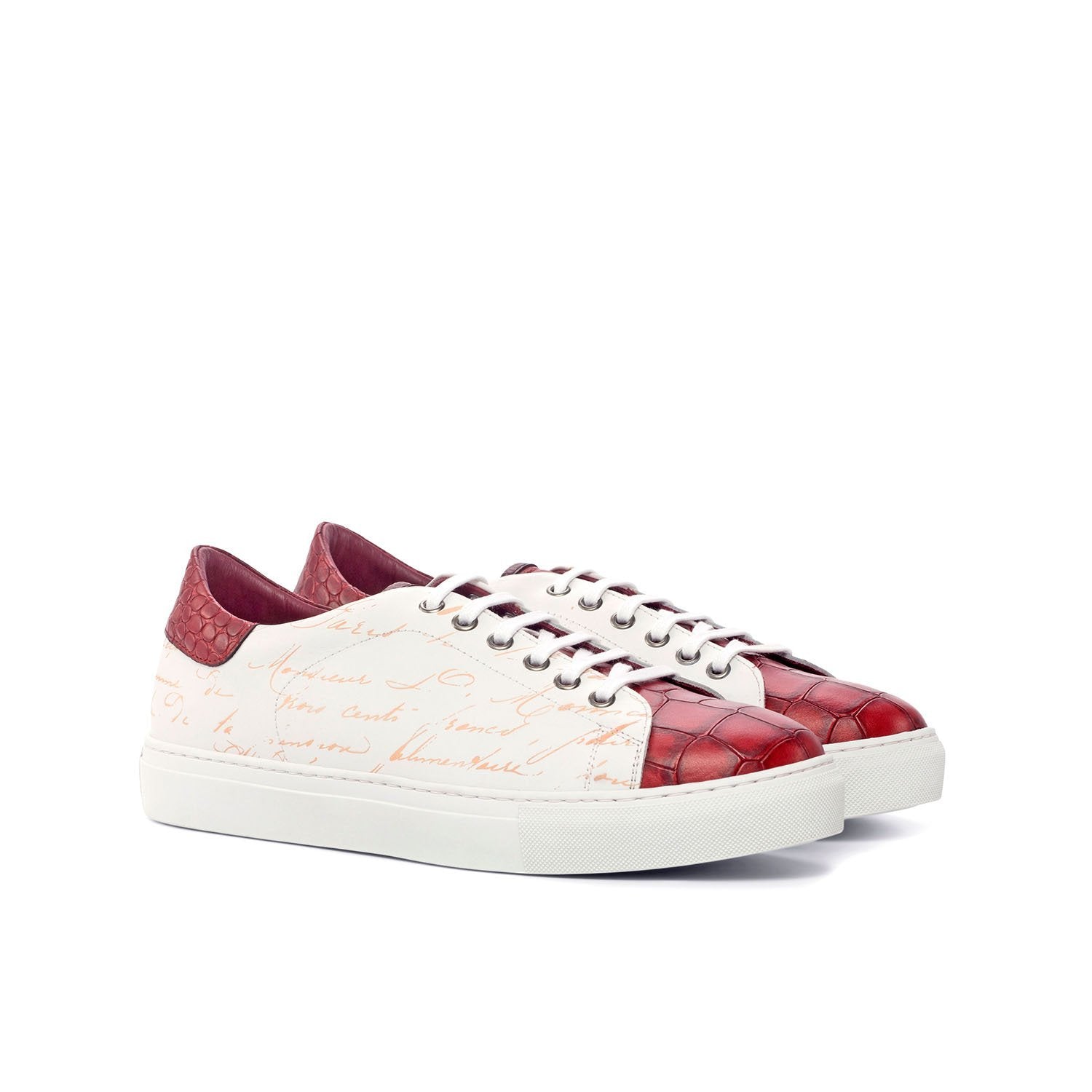 Ambrogio Bespoke Men's Handmade Custom Shoes White, Burgundy & Red Crocodile Print/ Pebble Grain / Calf-Skin Leather Trainer Sneakers (AMB1837)