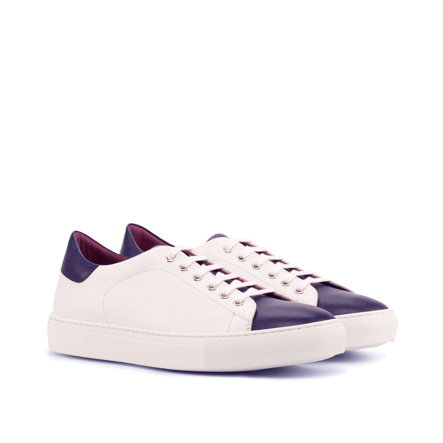 Ambrogio Bespoke Men's Handmade Custom Shoes White & Navy Calf-Skin Leather Casual Trainer Sneakers (AMB1444)