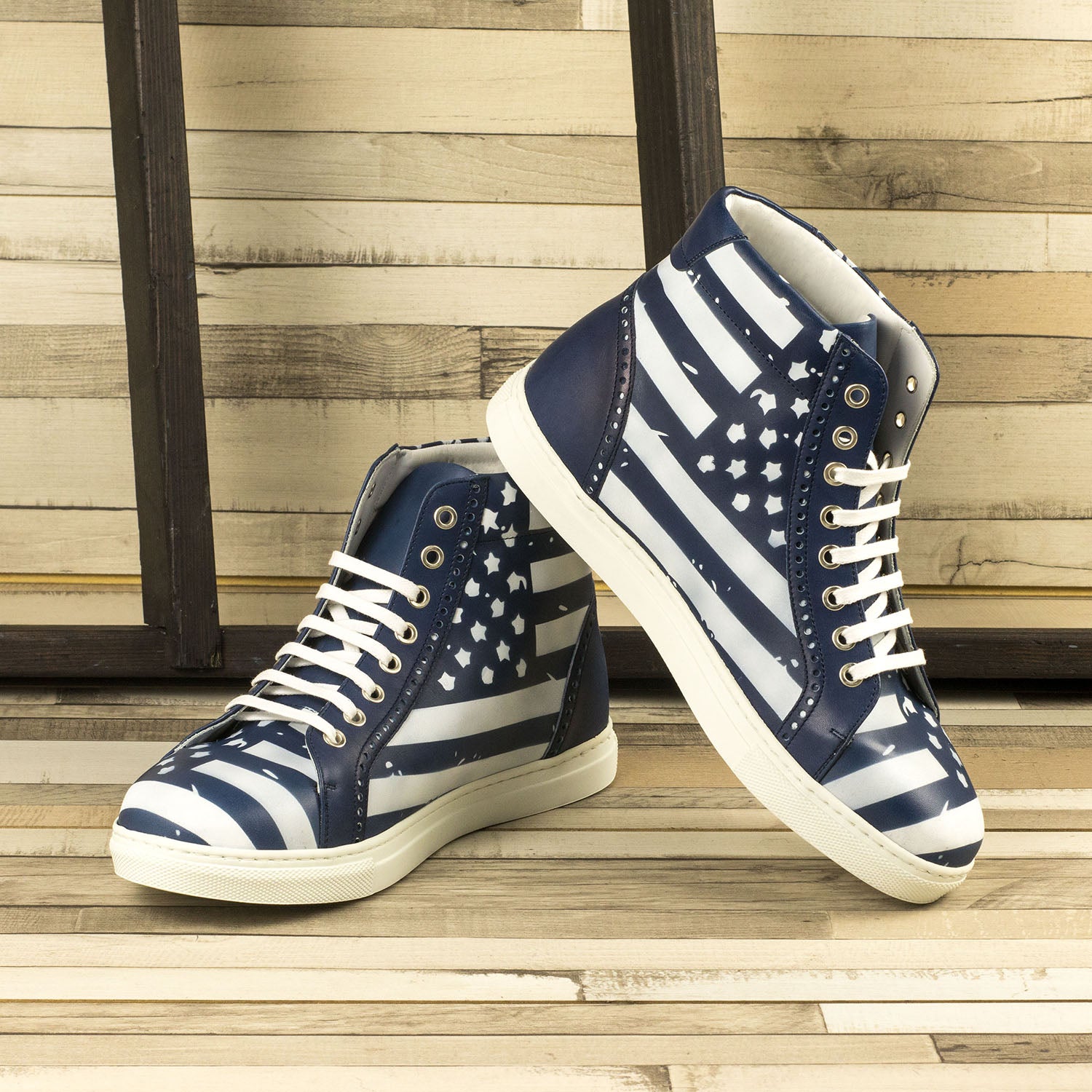 Ambrogio Bespoke Men's Handmade Custom Shoes White & Navy Stencil Calf-Skin Leather High-Top Sneakers (AMB1732)