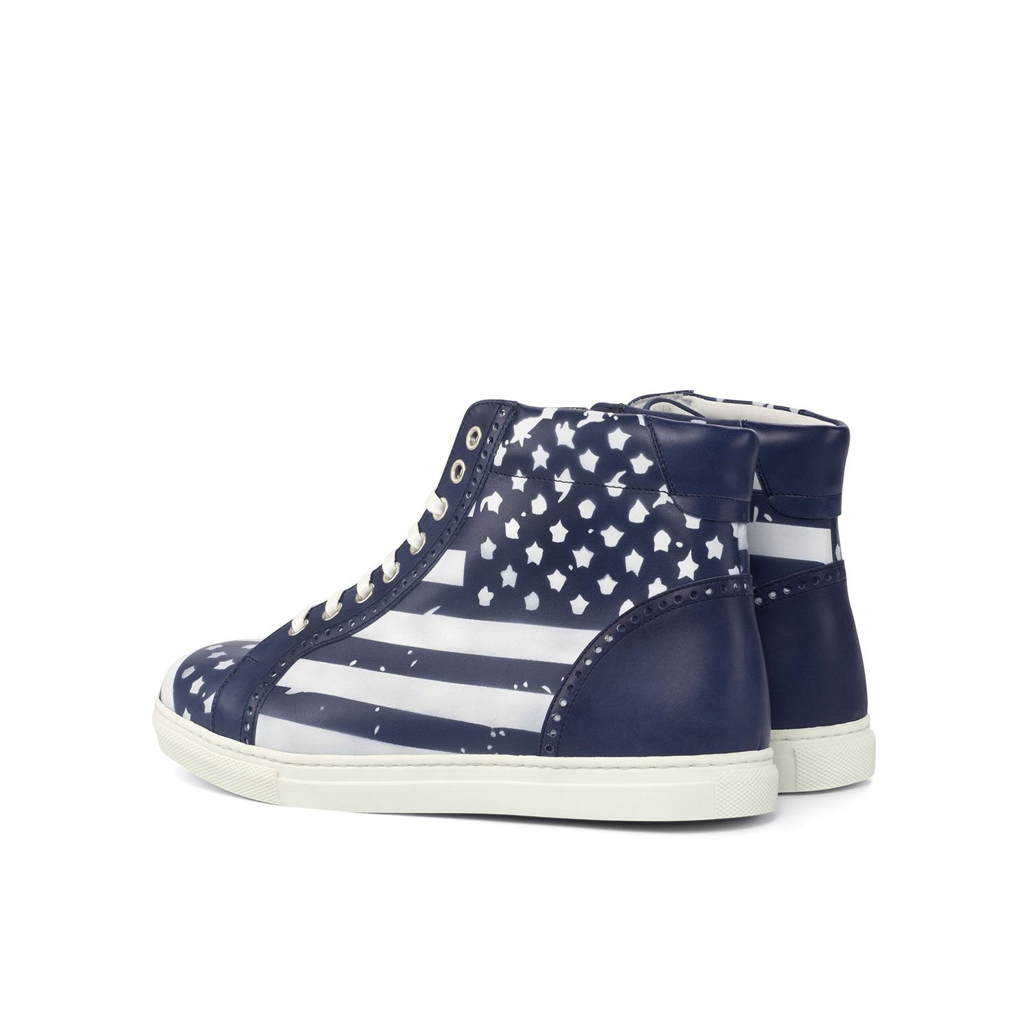 Ambrogio Bespoke Men's Handmade Custom Shoes White & Navy Stencil Calf-Skin Leather High-Top Sneakers (AMB1732)