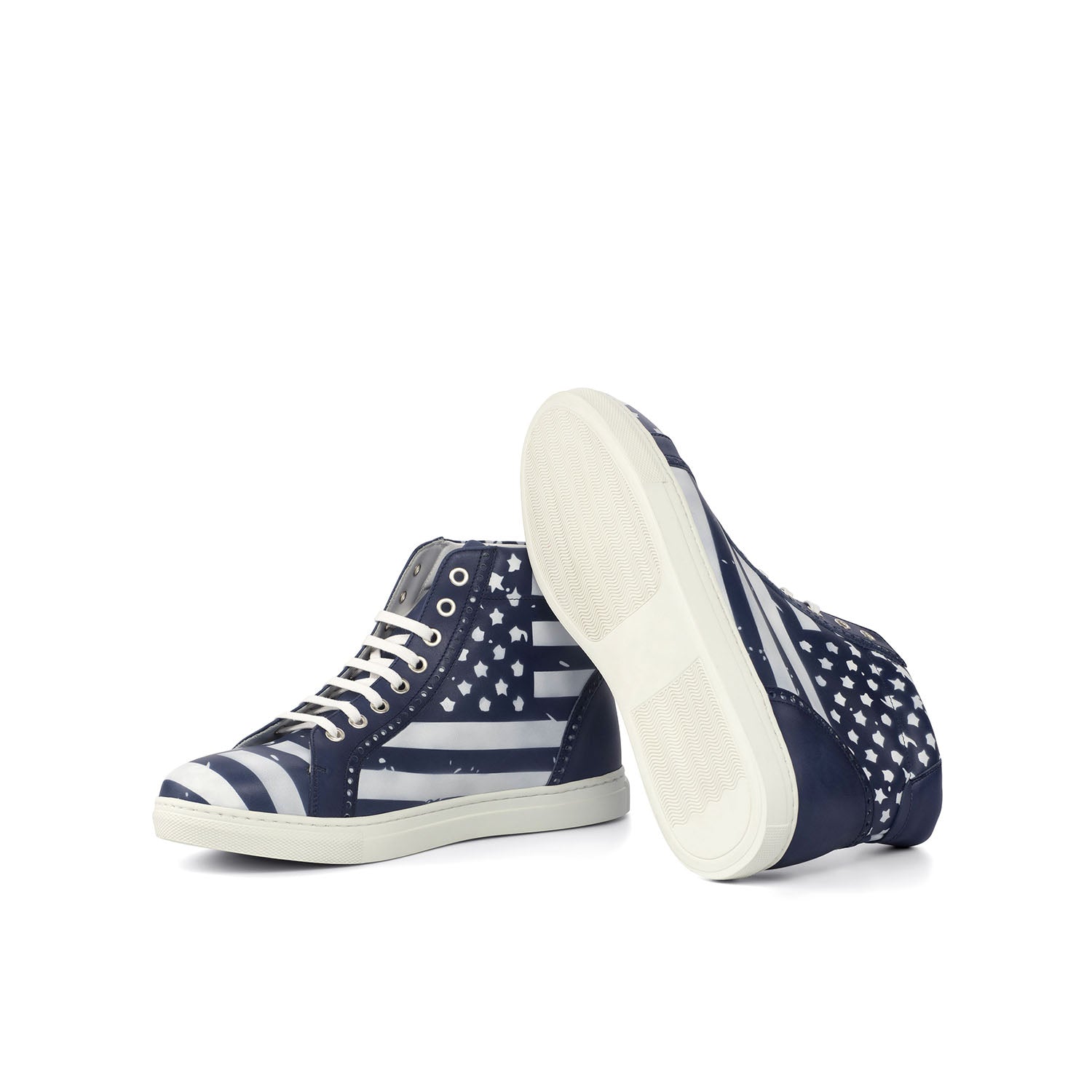 Ambrogio Bespoke Men's Handmade Custom Shoes White & Navy Stencil Calf-Skin Leather High-Top Sneakers (AMB1732)