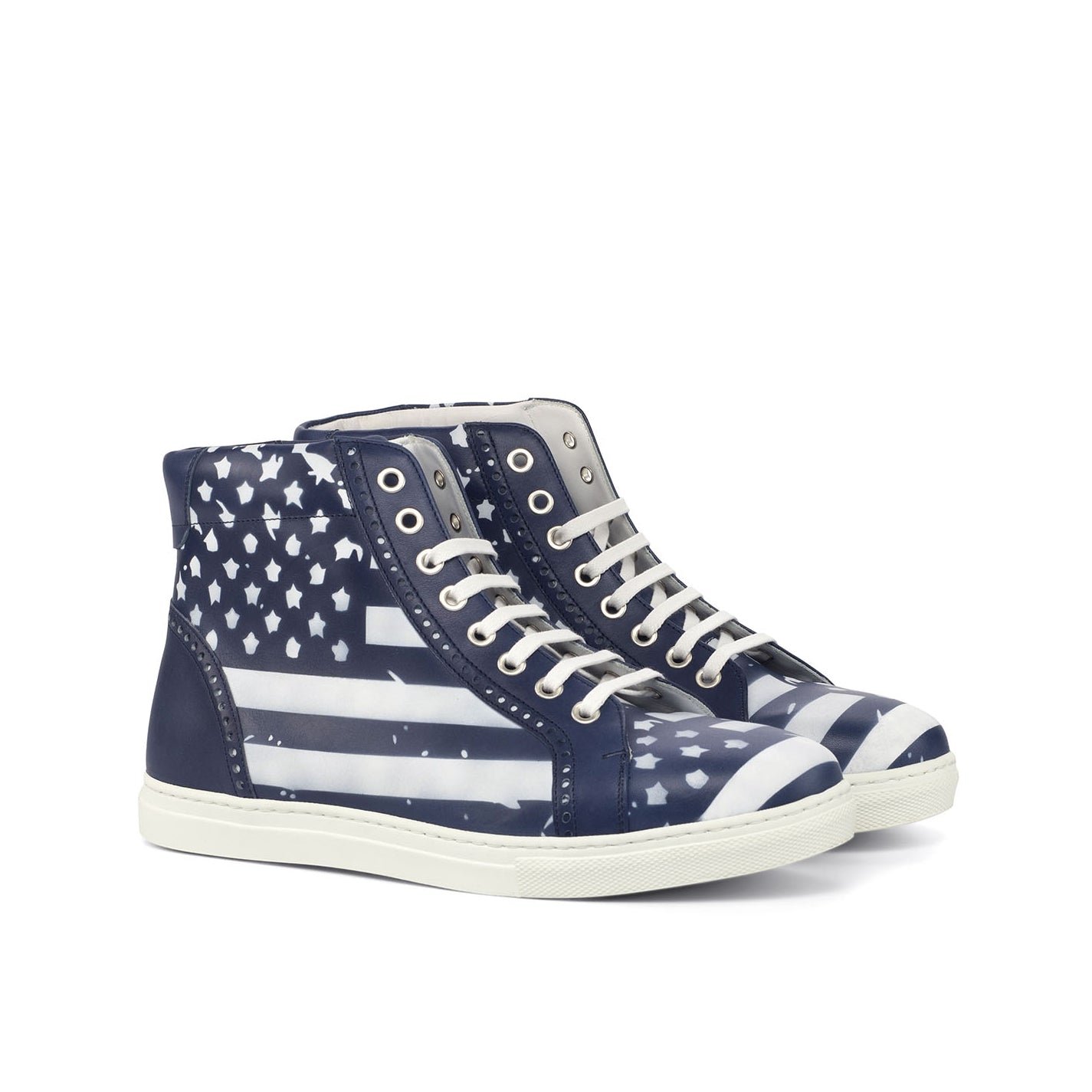 Ambrogio Bespoke Men's Handmade Custom Shoes White & Navy Stencil Calf-Skin Leather High-Top Sneakers (AMB1732)