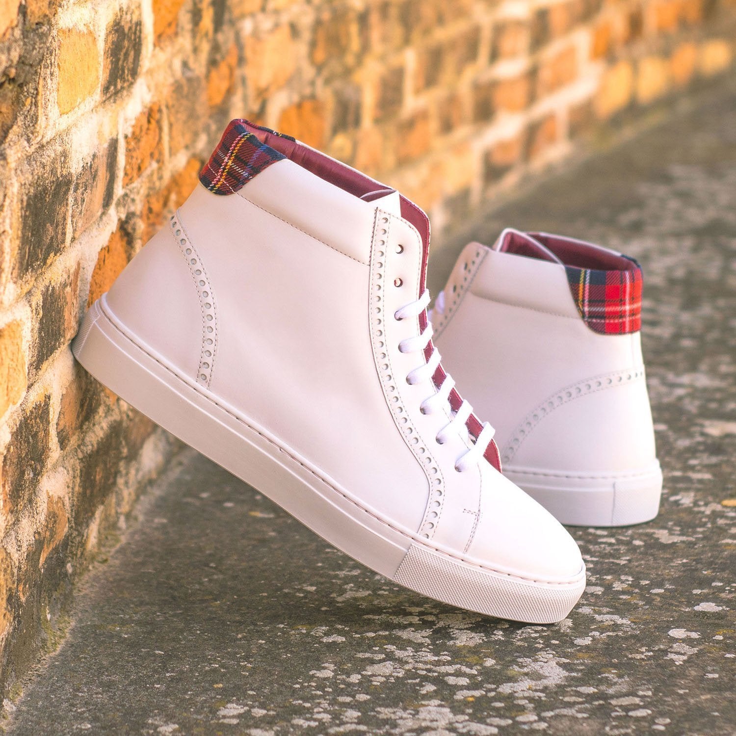 Ambrogio Bespoke Men's Handmade Custom Shoes White & Red Fabric / Calf-Skin Leather High-Top Sneakers (AMB1757)