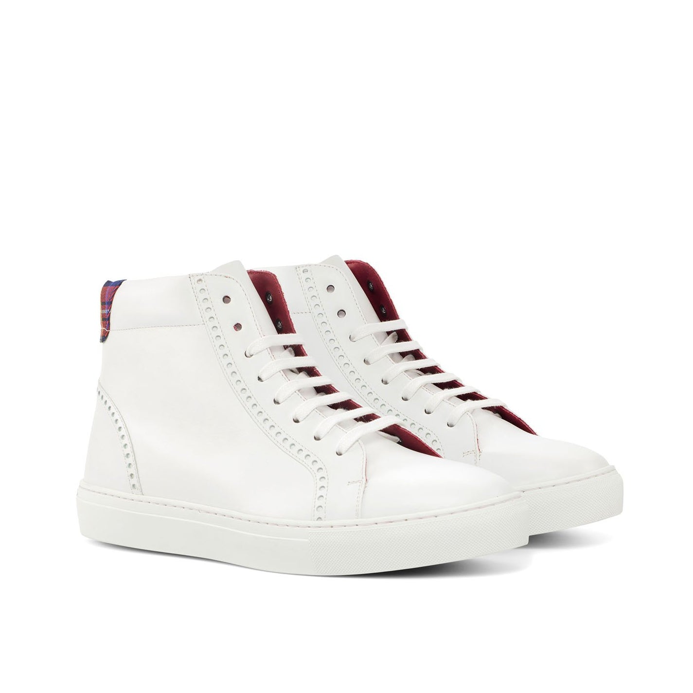 Ambrogio Bespoke Men's Handmade Custom Shoes White & Red Fabric / Calf-Skin Leather High-Top Sneakers (AMB1757)