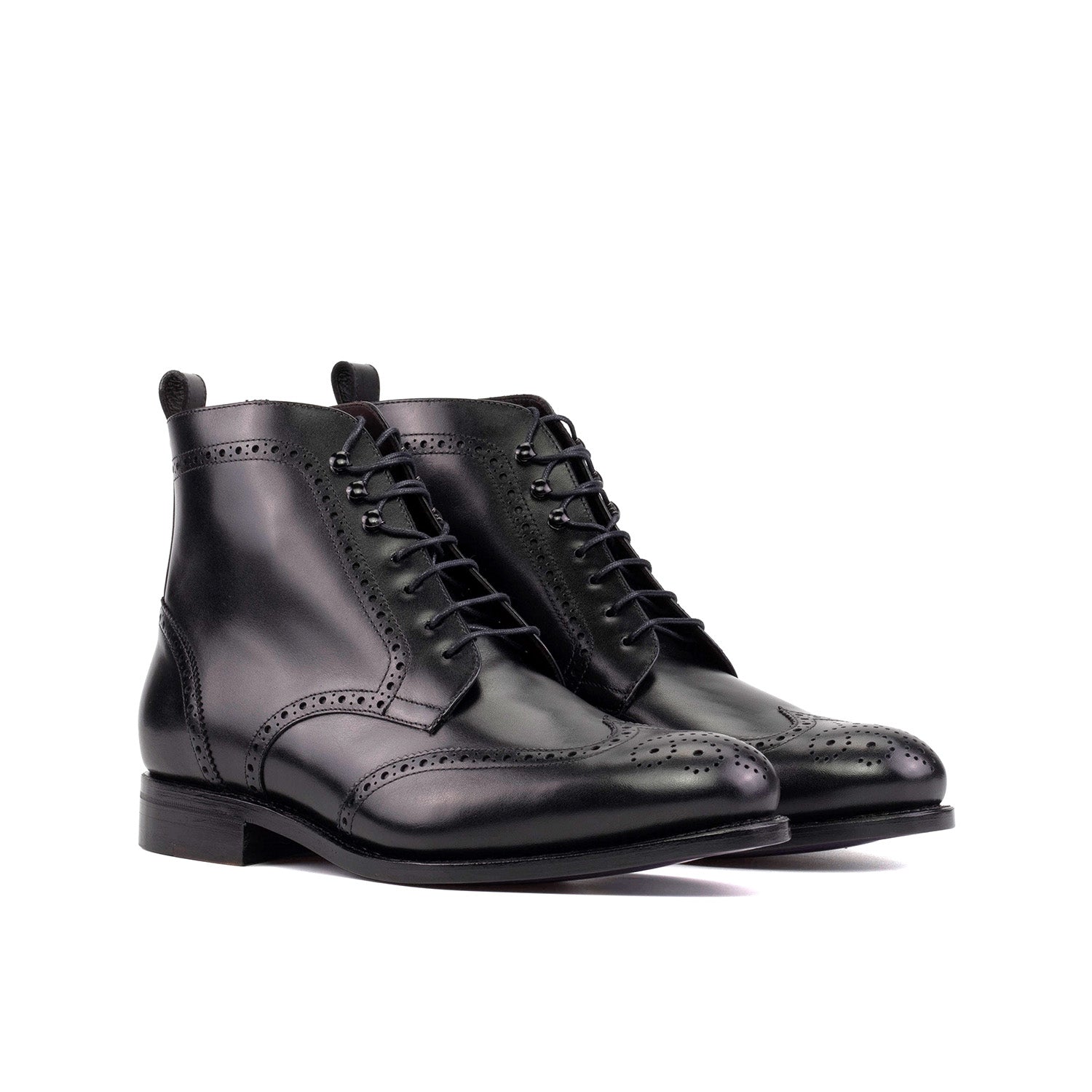 Ambrogio Bespoke Men's Shoes Black Calf-Skin Leather Military Wingtip Boots (AMB2403)