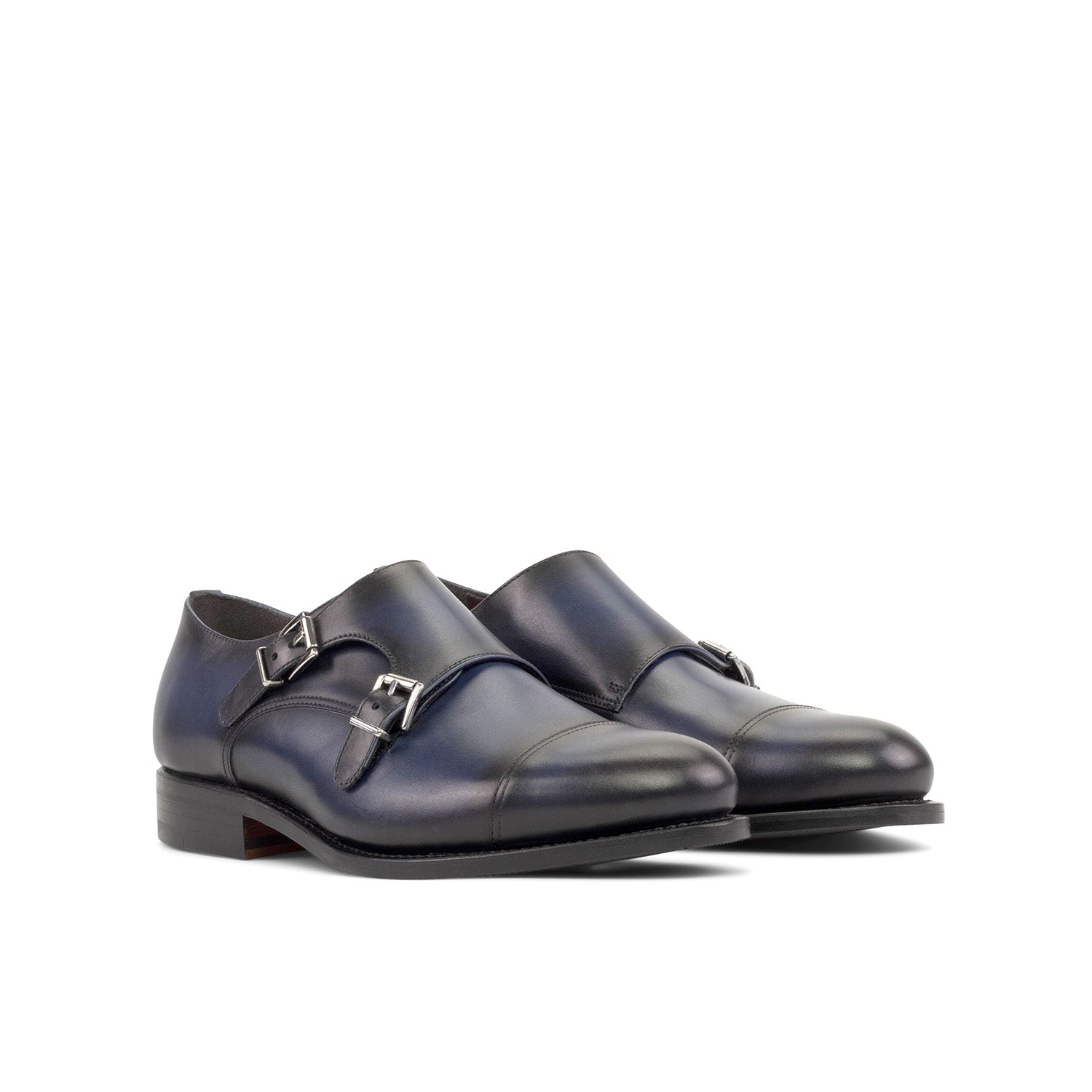 Ambrogio Bespoke Men's Shoes Blue Calf-Skin Leather Cap-Toe Monk-Straps Loafers (AMB2300)