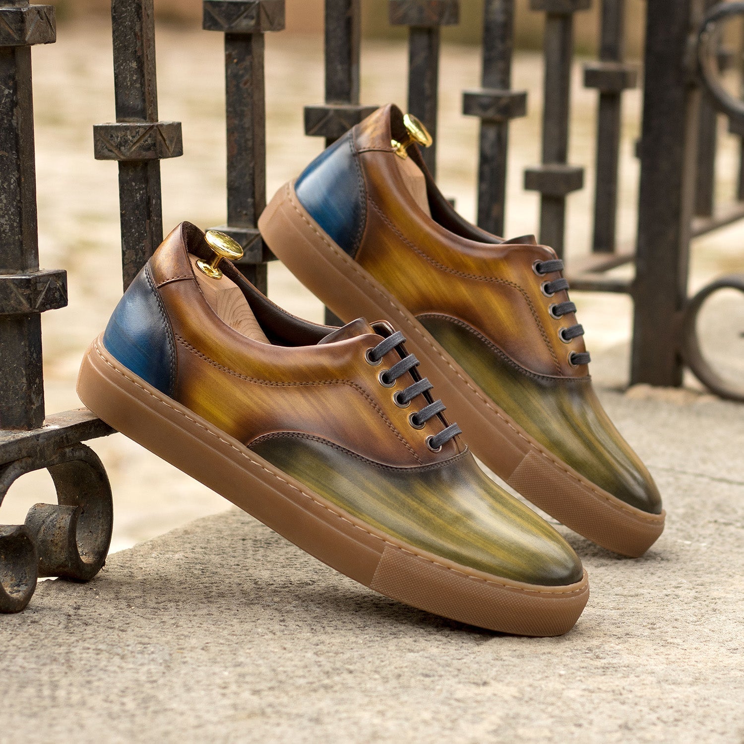 Ambrogio Bespoke Men's Shoes Blue, Green & Cognac Patina Leather Casual Sneakers (AMB2338)