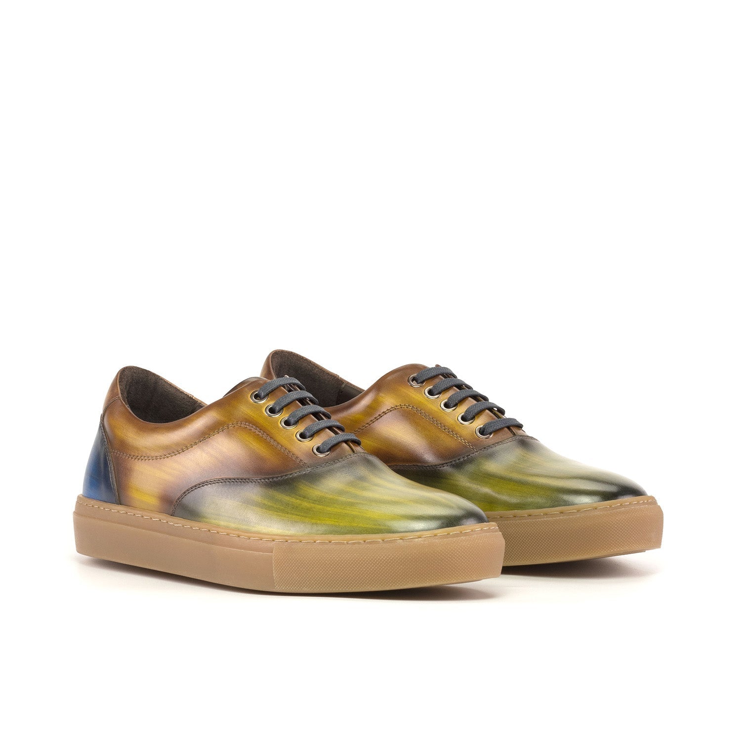 Ambrogio Bespoke Men's Shoes Blue, Green & Cognac Patina Leather Casual Sneakers (AMB2338)