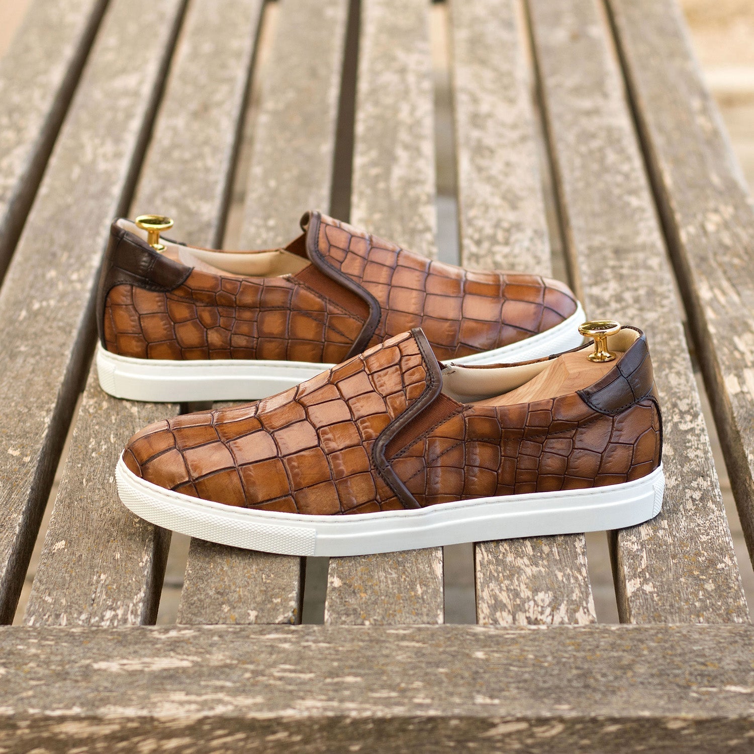 Ambrogio Bespoke Men's Shoes Brown Crocodile Print Leather Slip-On Sneakers (AMB2274)