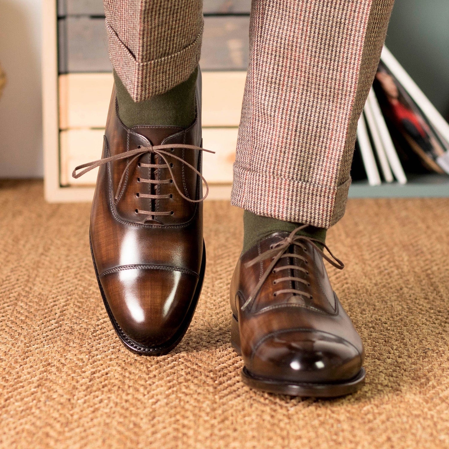 Ambrogio Bespoke Men's Shoes Brown Patina Leather Oxfords (AMB2319)