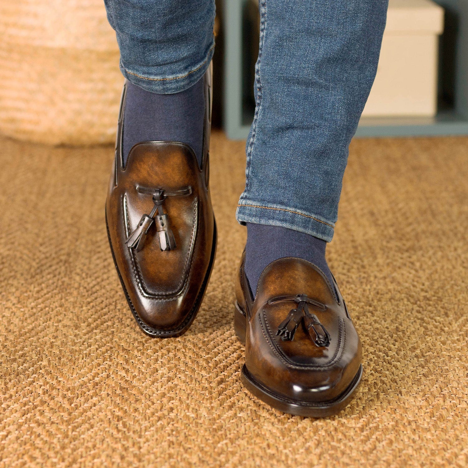 Ambrogio Bespoke Men's Shoes Brown Patina Leather Tassels Loafers (AMB2312)