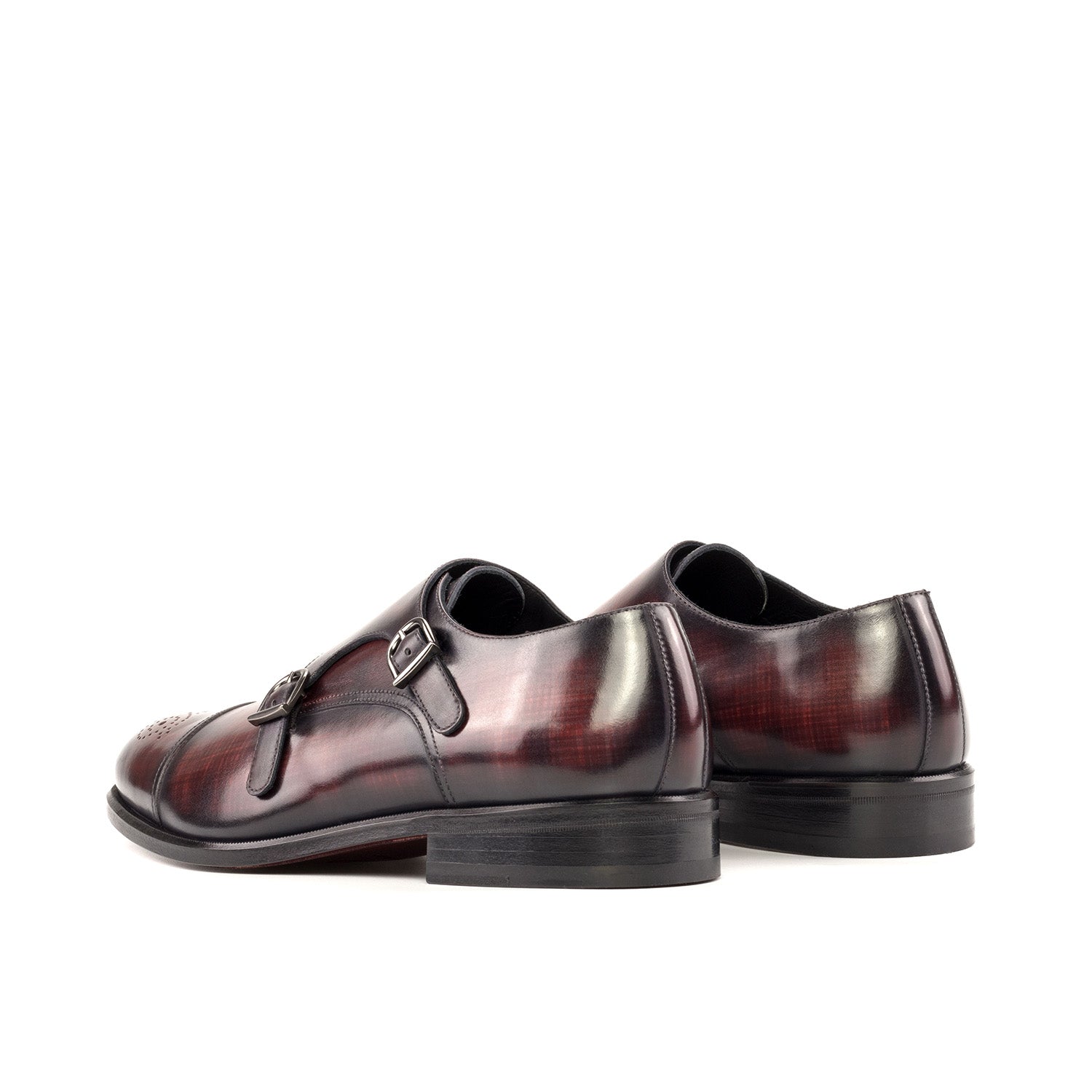 Ambrogio Bespoke Men's Shoes Burgundy Patina Leather Monk-Straps Loafers (AMB2353)