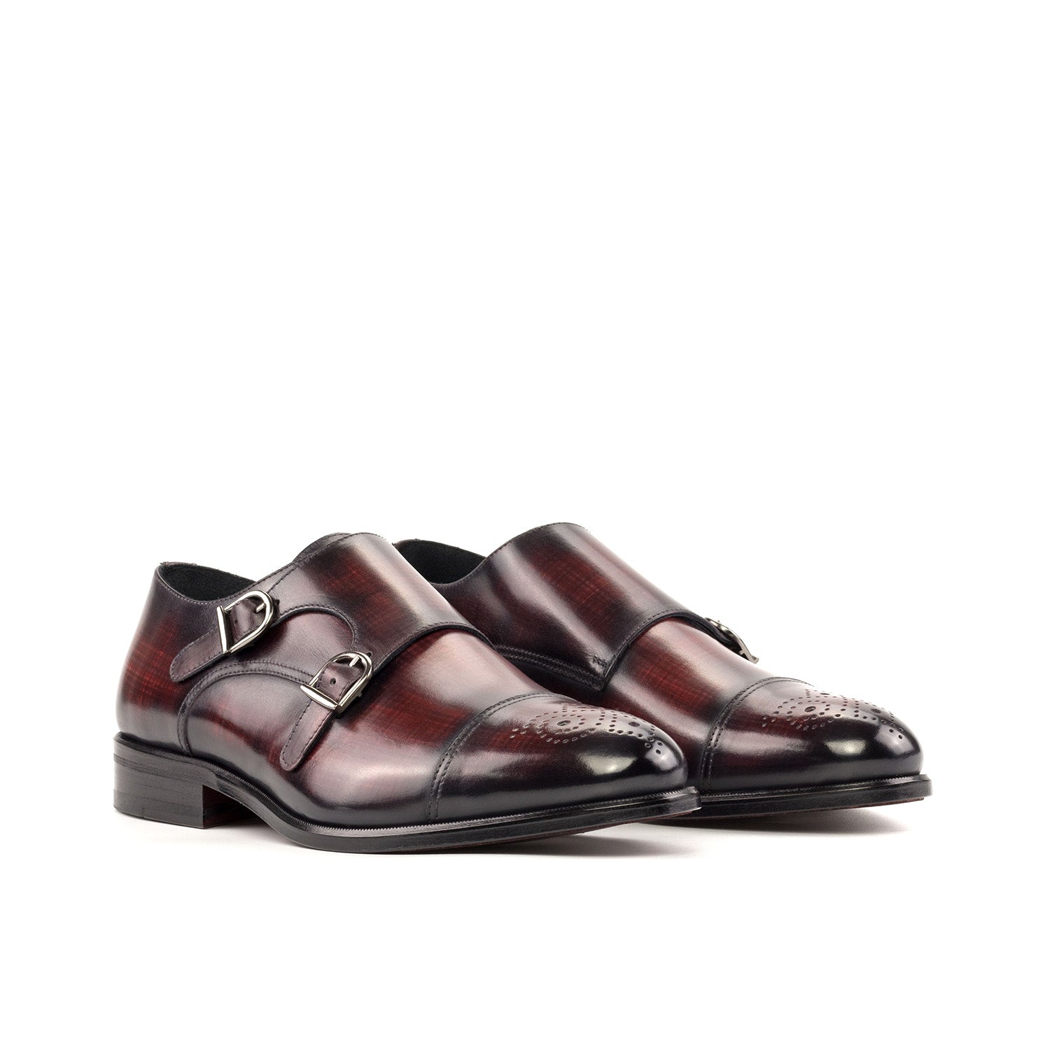 Ambrogio Bespoke Men's Shoes Burgundy Patina Leather Monk-Straps Loafers (AMB2353)