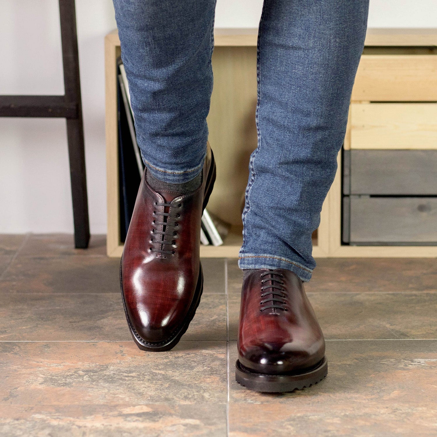 Ambrogio Bespoke Men's Shoes Burgundy Patina Leather Whole-Cut Oxfords (AMB2369)