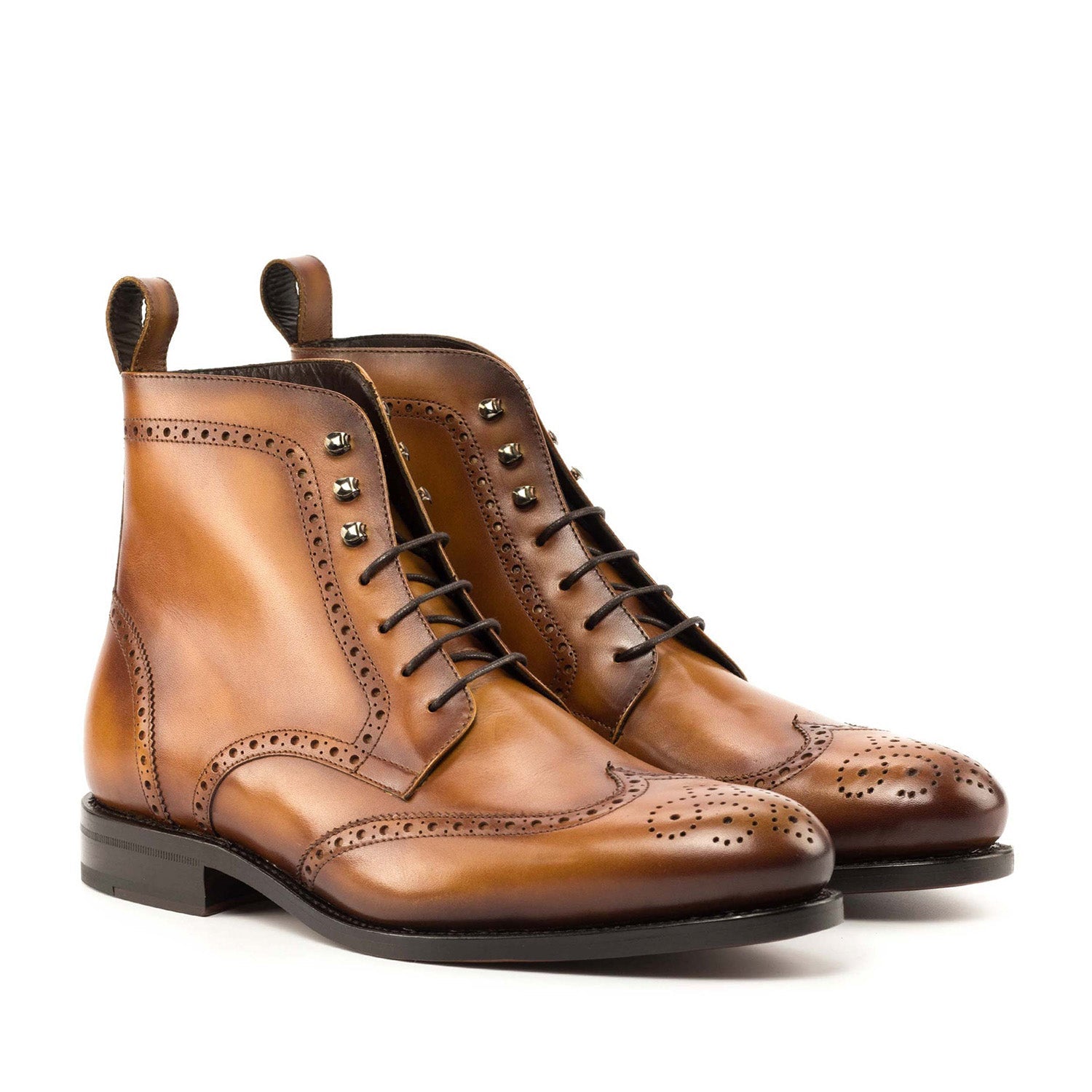 Ambrogio Bespoke Men's Shoes Cognac Calf-Skin Leather Military Brogue Boots (AMB2329)