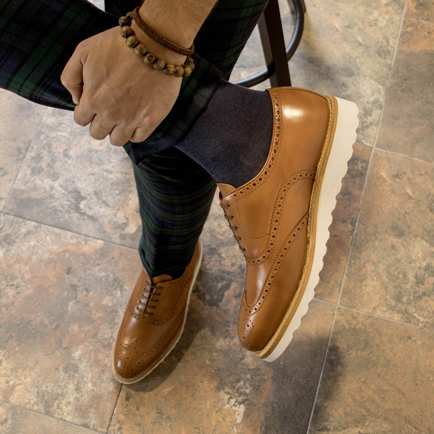 Ambrogio Bespoke Men's Shoes Cognac Calf-Skin Leather wingtip Oxfords (AMB2385)