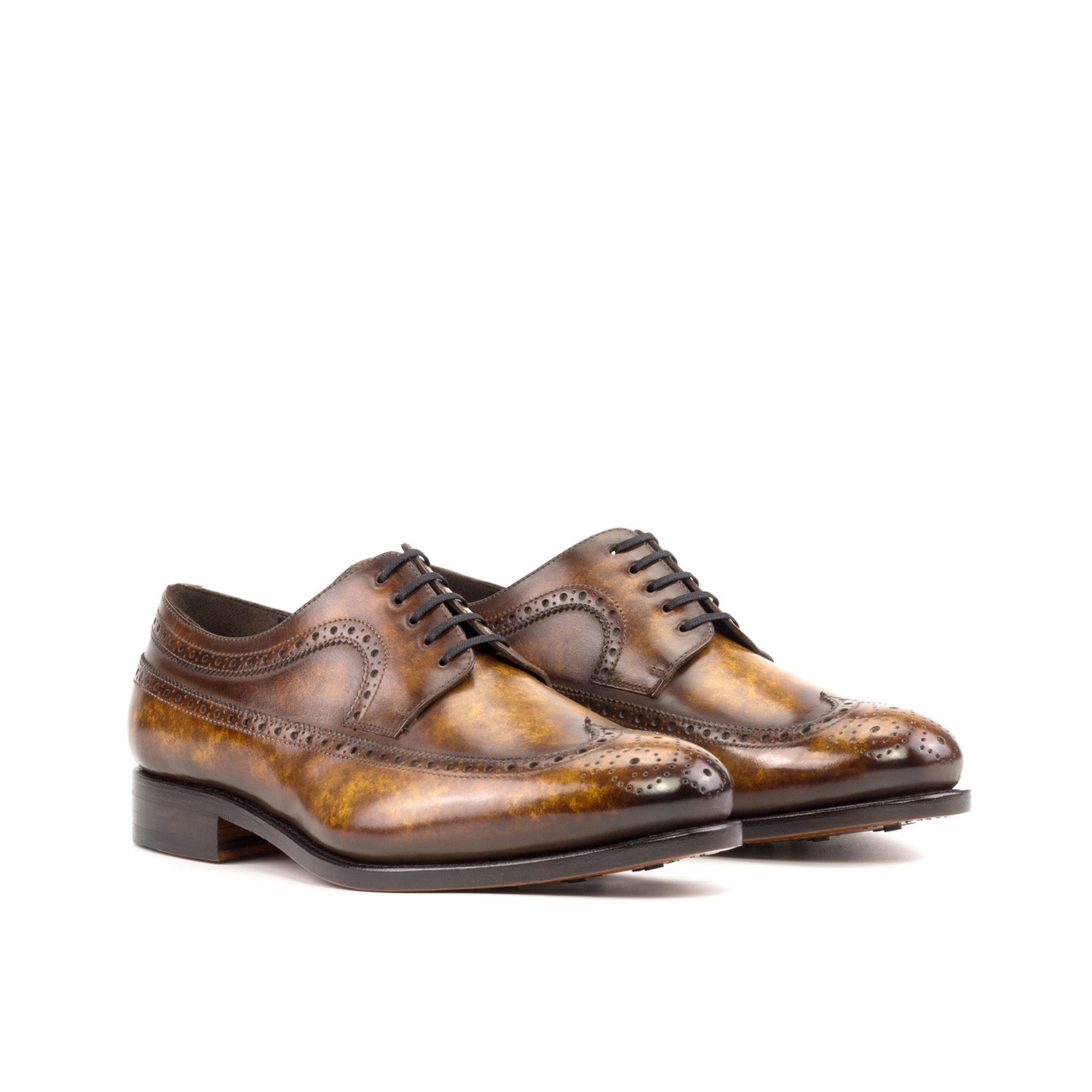 Ambrogio Bespoke Men's Shoes Cognac Patina Leather Longwing Blucher Derby Oxfords (AMB2328)