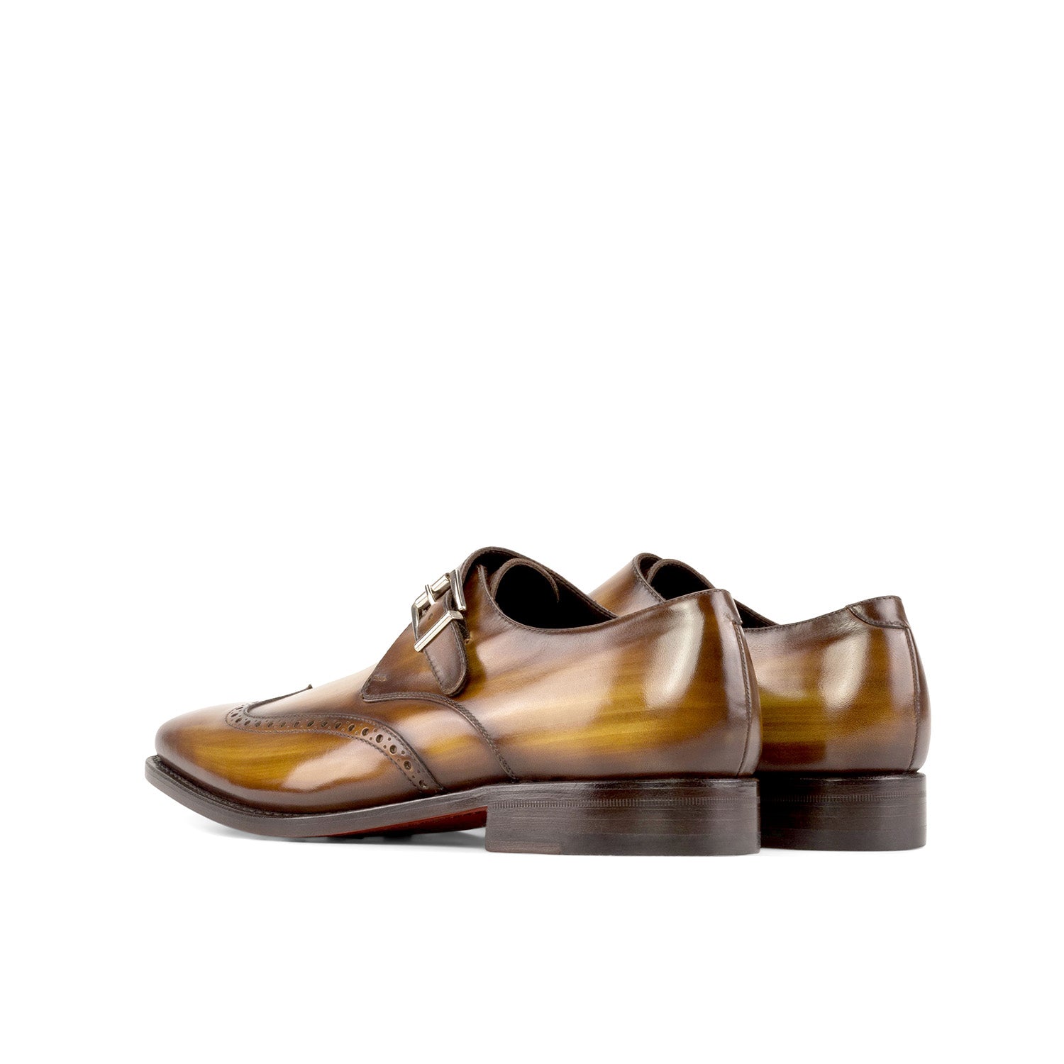 Ambrogio Bespoke Men's Shoes Cognac Patina Leather Wingtip Monk-Strap Loafers (AMB2302)