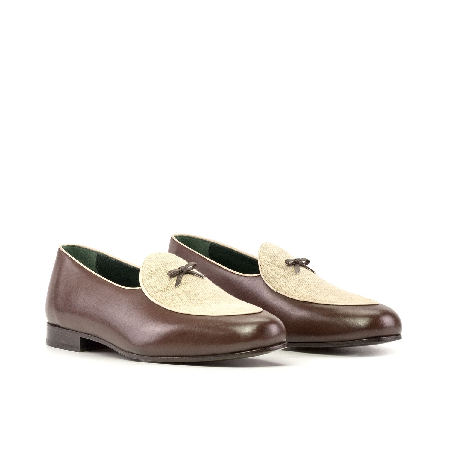 Ambrogio Bespoke Men's Shoes Cream & Dark Brown Linen & Calf-Skin Leather Belgian Loafers (AMB2336)