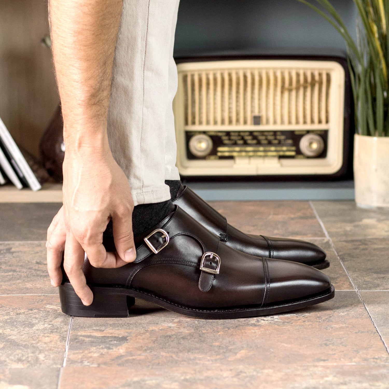 Ambrogio Bespoke Men's Shoes Dark Brown Calf-Skin Leather Monk-Straps Loafers (AMB2296)