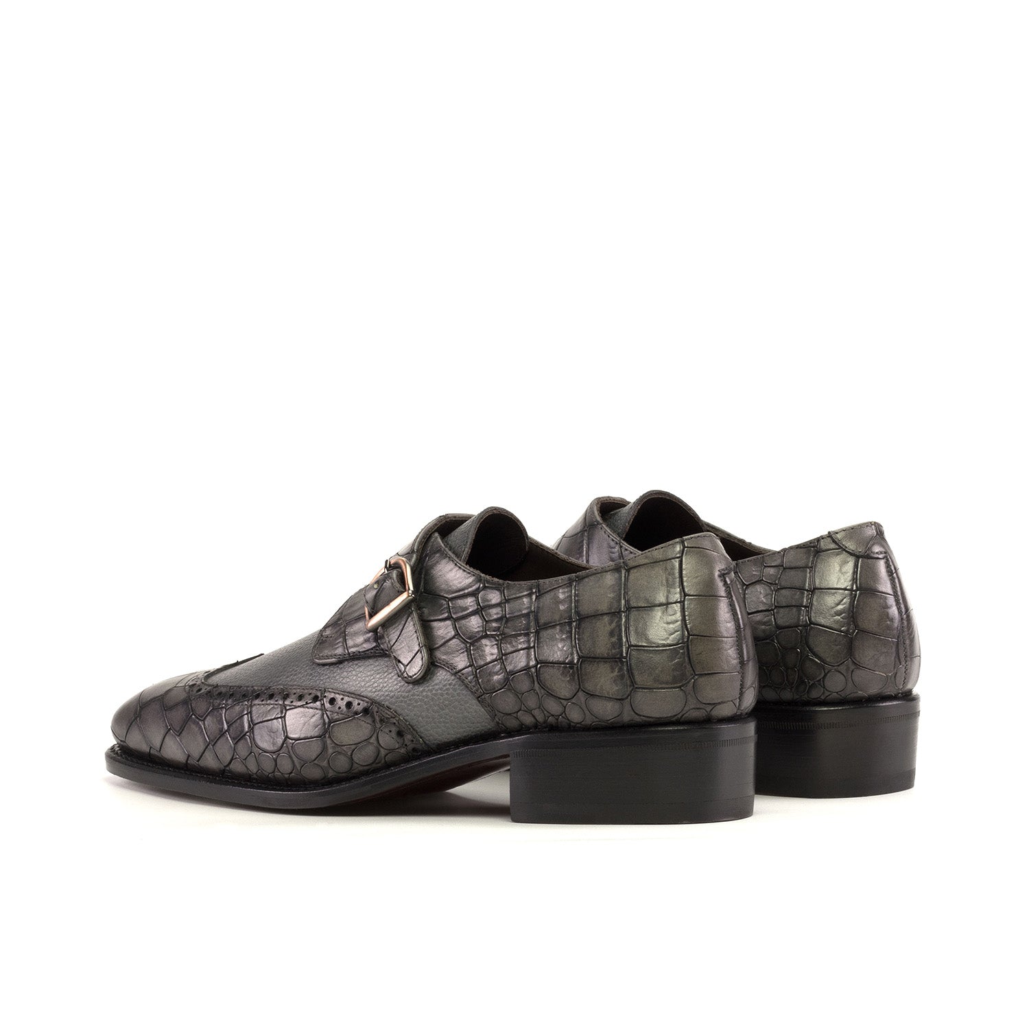 Ambrogio Bespoke Men's Shoes Gray Crocodile Print / Calf-Skin Leather Monk-Strap Loafers (AMB2337)