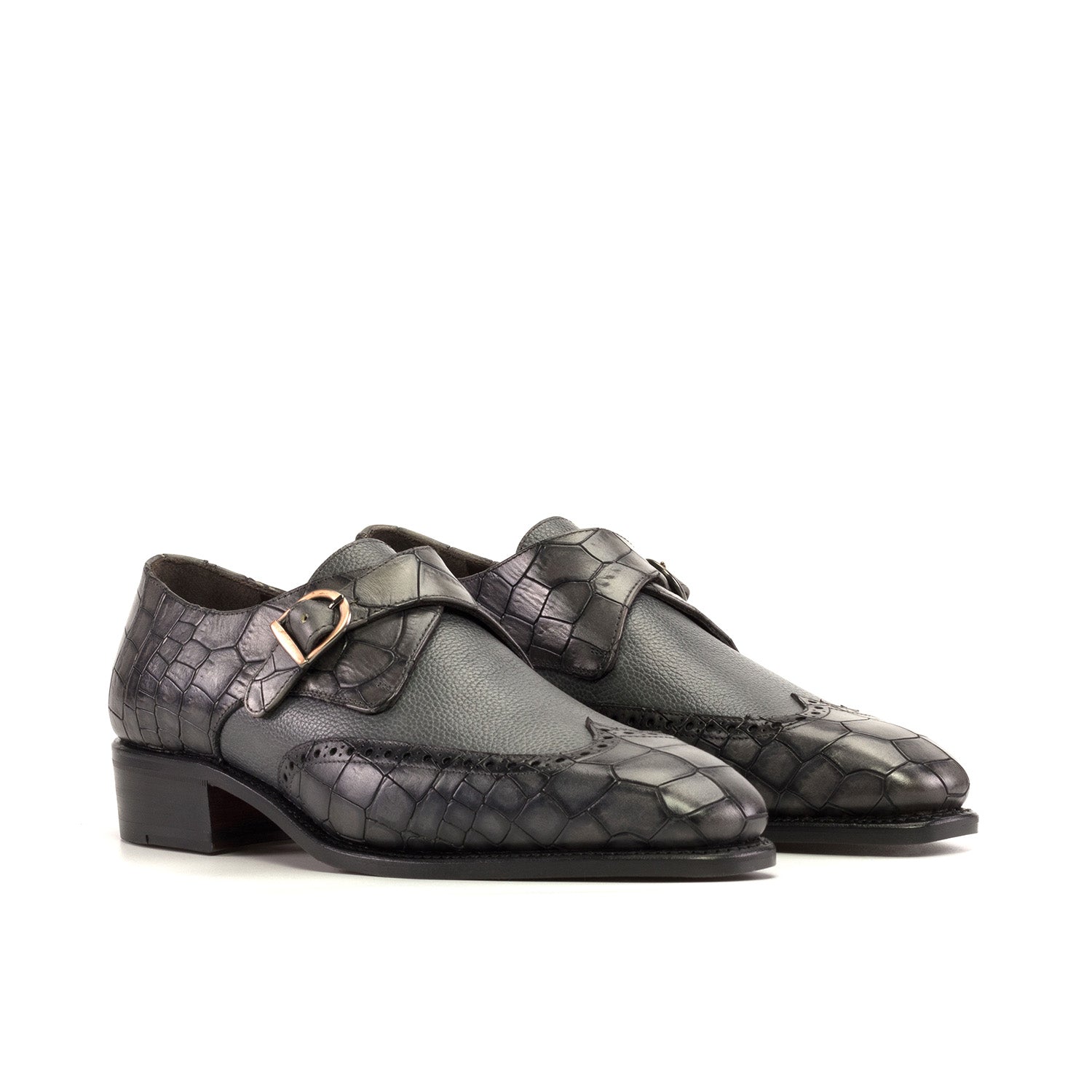 Ambrogio Bespoke Men's Shoes Gray Crocodile Print / Calf-Skin Leather Monk-Strap Loafers (AMB2337)