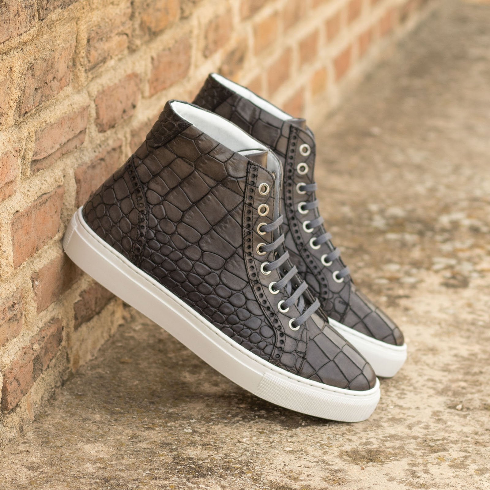 Ambrogio Bespoke Men's Shoes Gray Crocodile Print Leather Casual High-Top Sneakers (AMB2234)