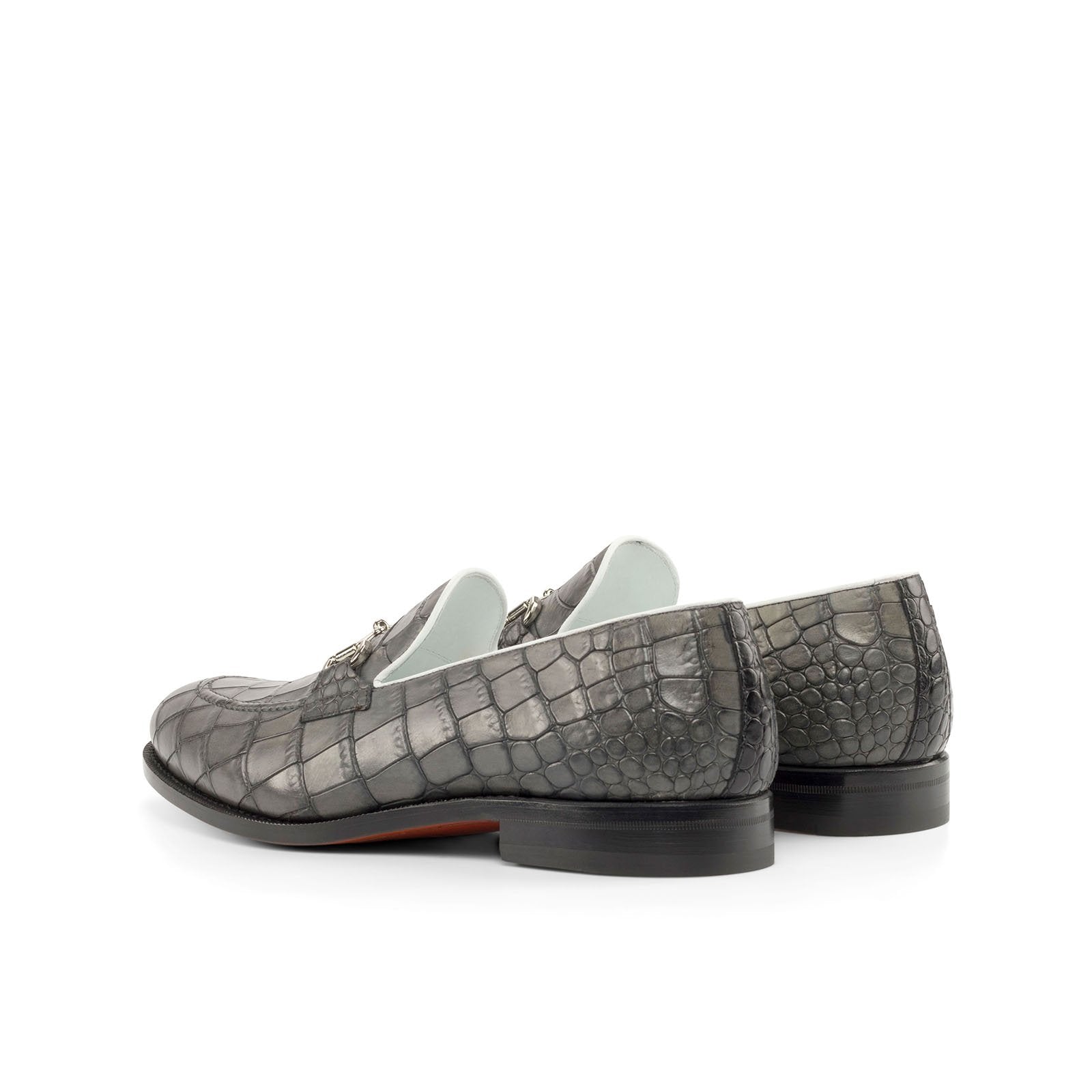 Ambrogio Bespoke Men's Shoes Gray Crocodile Print Leather Dress Horsebit Loafers (AMB2233)