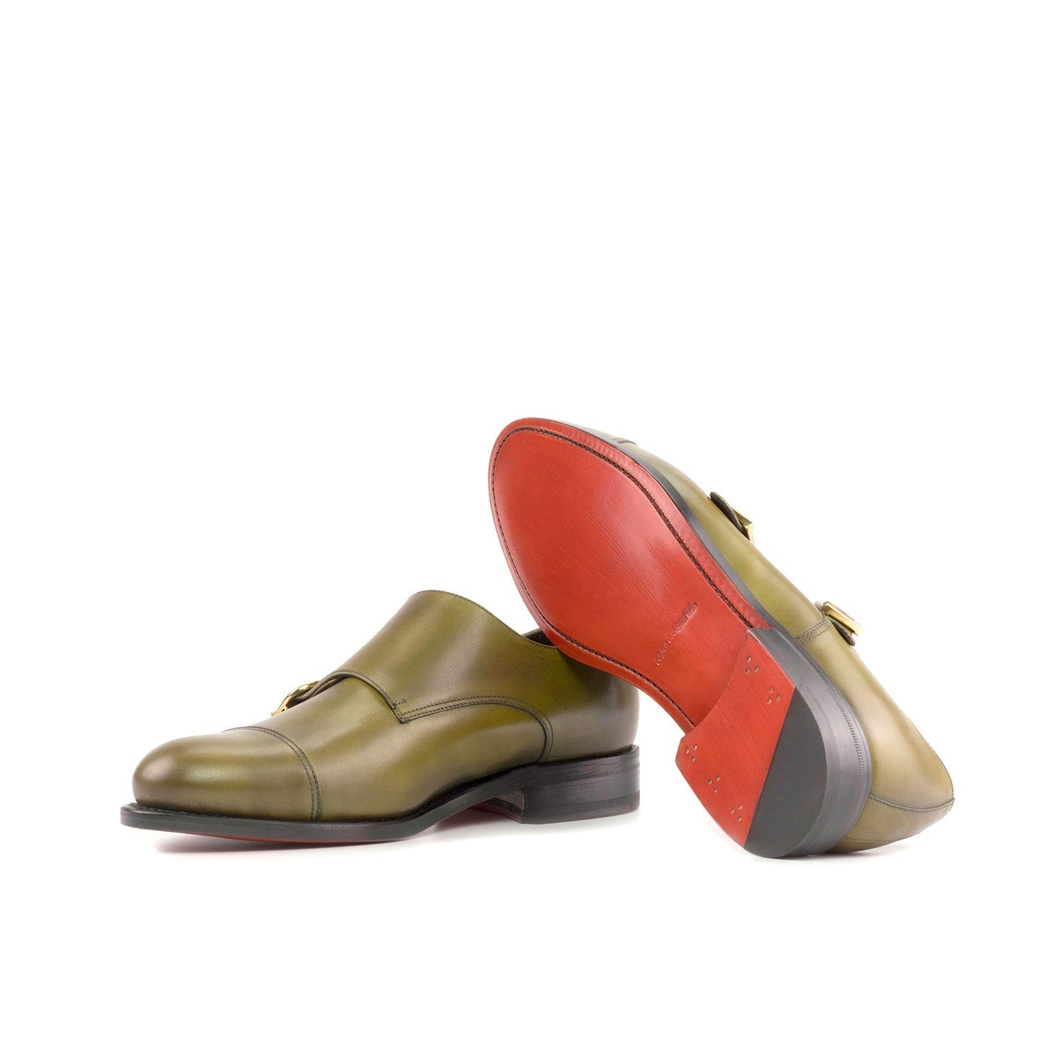 Ambrogio Bespoke Men's Shoes Green Calf-Skin Leather Cap-Toe Monk-Straps Loafers (AMB2331