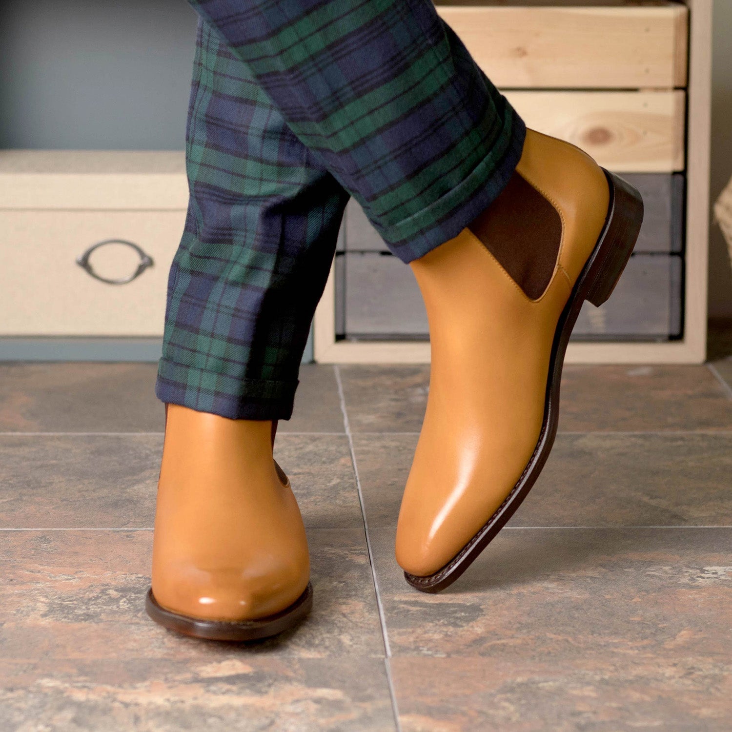 Ambrogio Bespoke Men's Shoes Mustard Calf-Skin Leather Chelsea Boots (AMB2405)