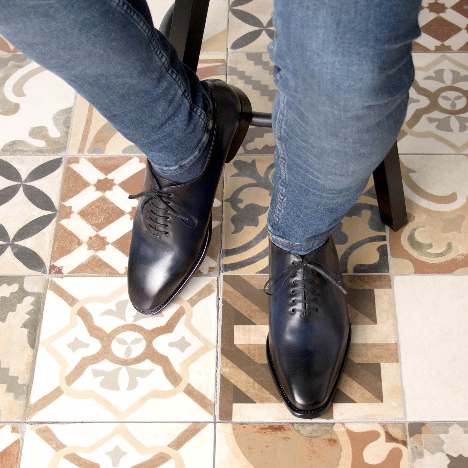 Ambrogio Bespoke Men's Shoes Navy Calf-Skin Leather Whole-cut Oxfords (AMB2366)