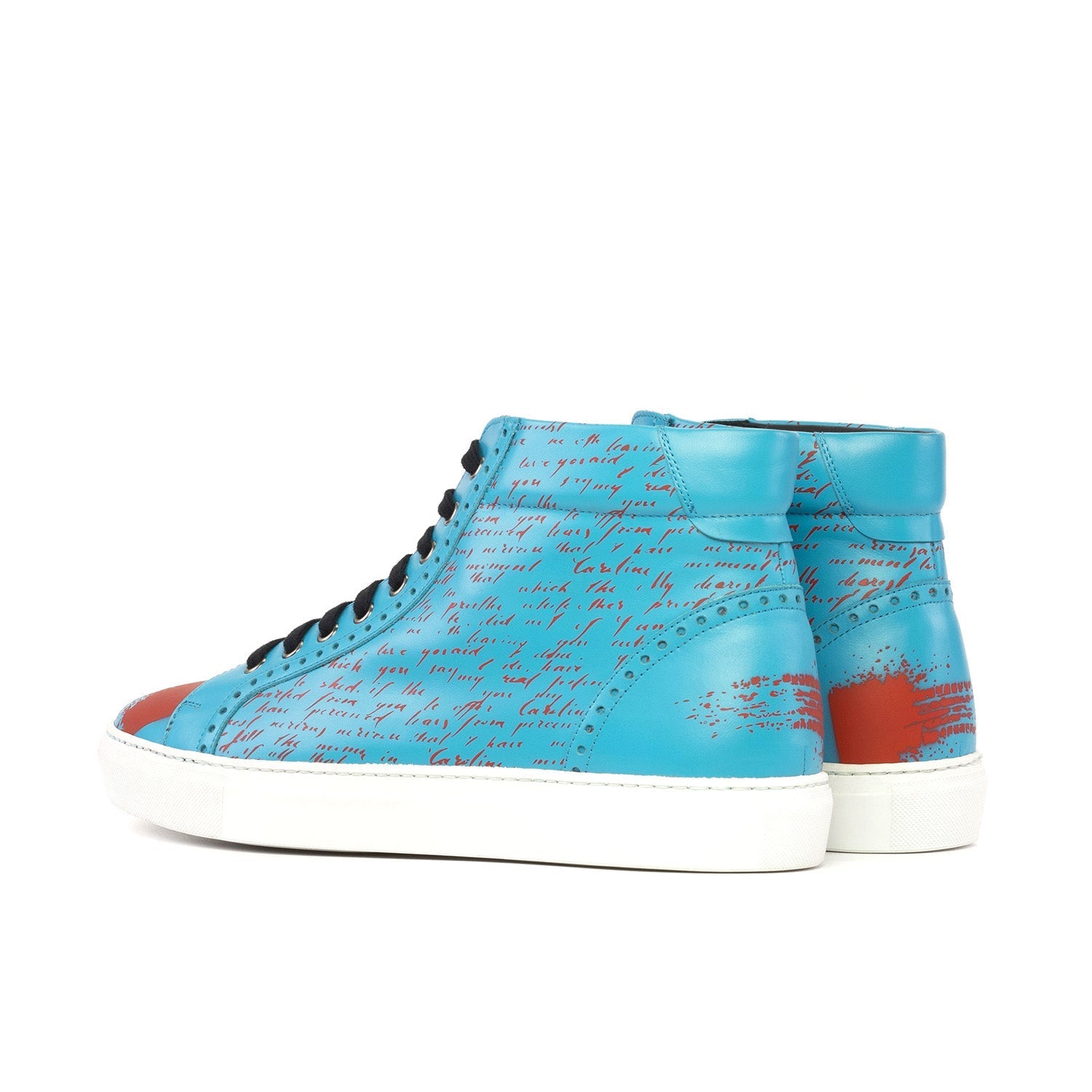 Ambrogio Bespoke Men's Shoes Turquoise Stencil Calf-Skin Leather High-Top Sneakers (AMB2421)