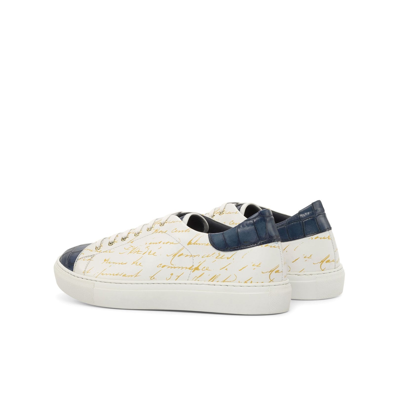 Ambrogio Bespoke Men's Shoes White & Navy Crocodile Print / Calf-Skin Leather Trainer Sneakers (AMB2238)