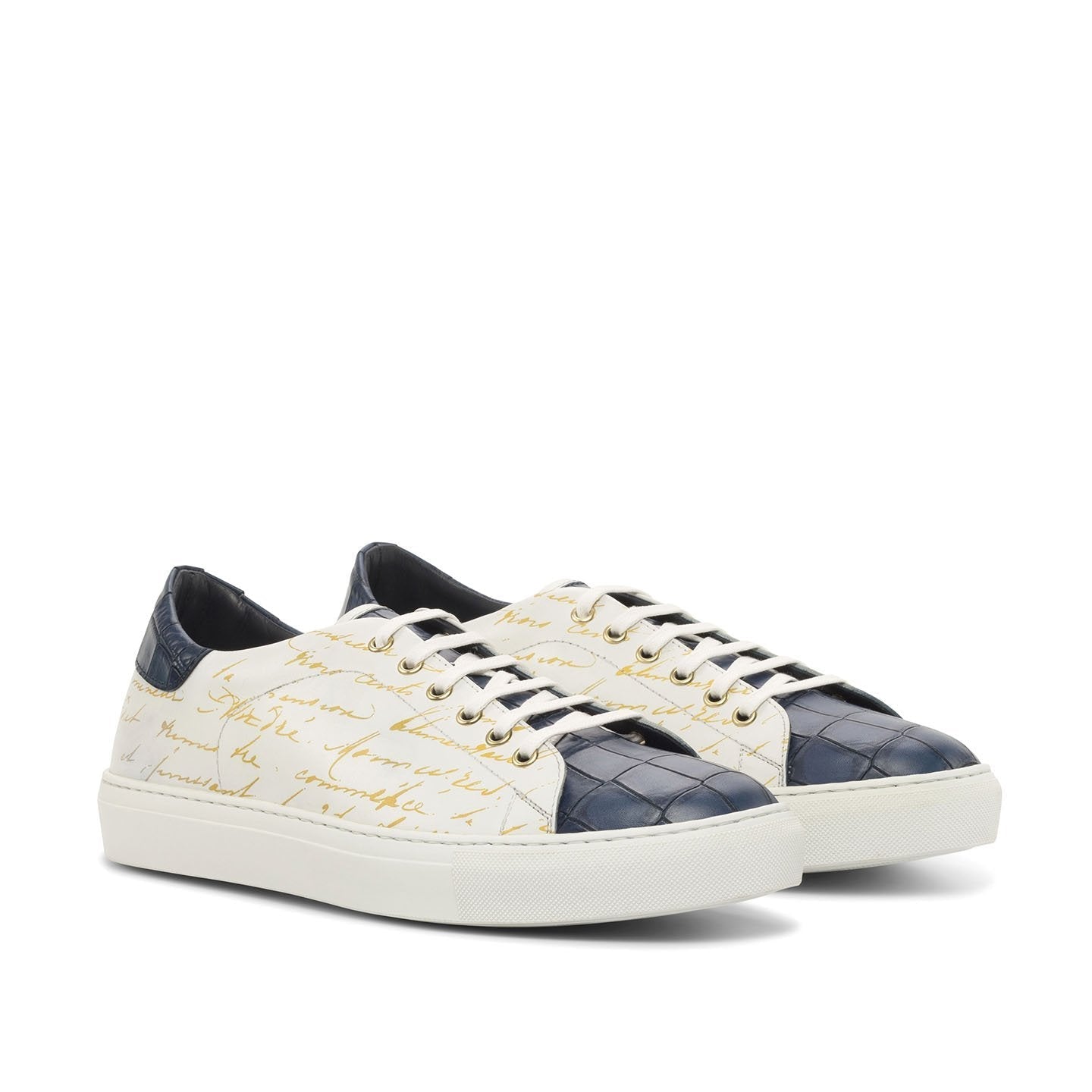 Ambrogio Bespoke Men's Shoes White & Navy Crocodile Print / Calf-Skin Leather Trainer Sneakers (AMB2238)