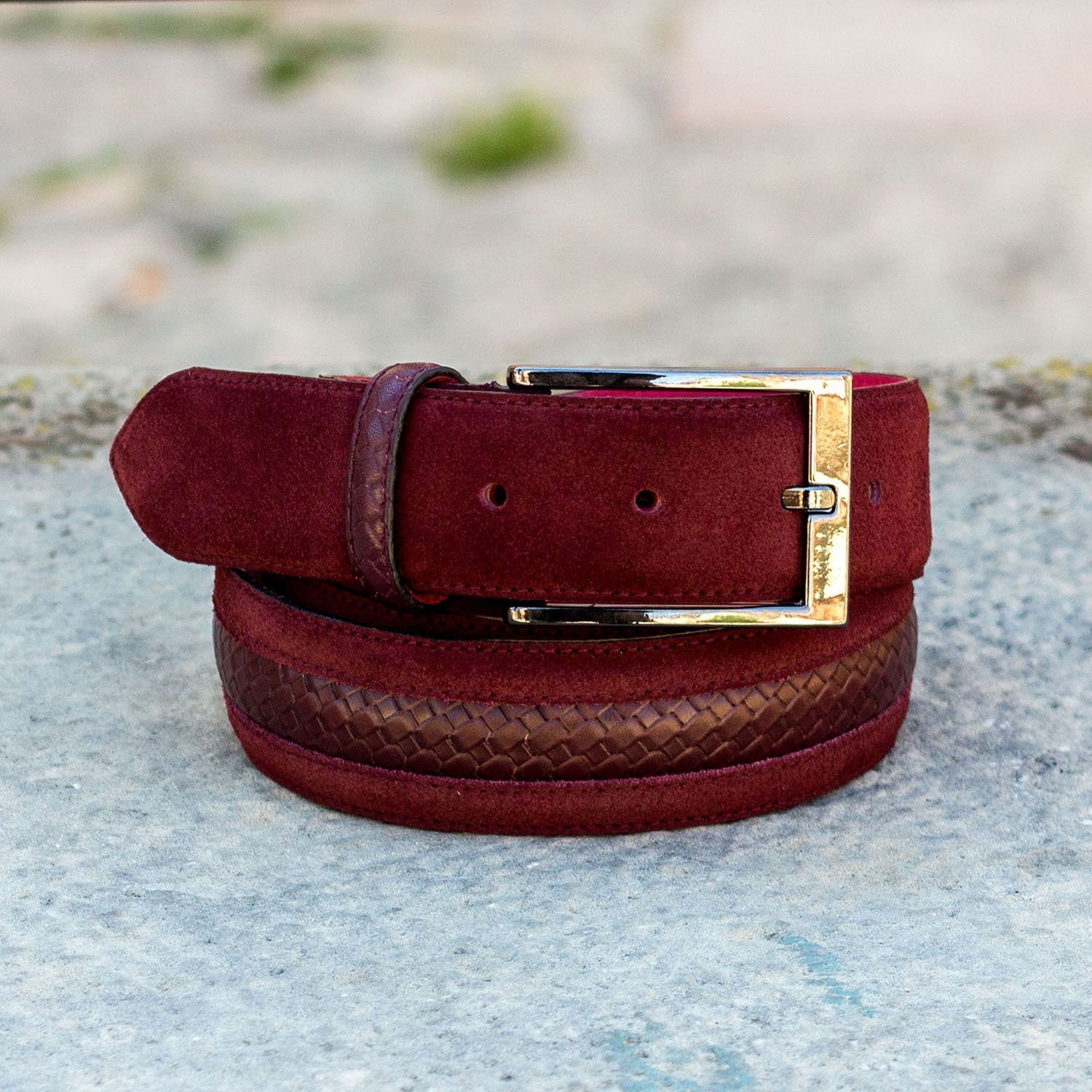 Ambrogio Burgundy Lux Suede / Calf-Skin Leather Venice Men's Belt (AMBB1004)