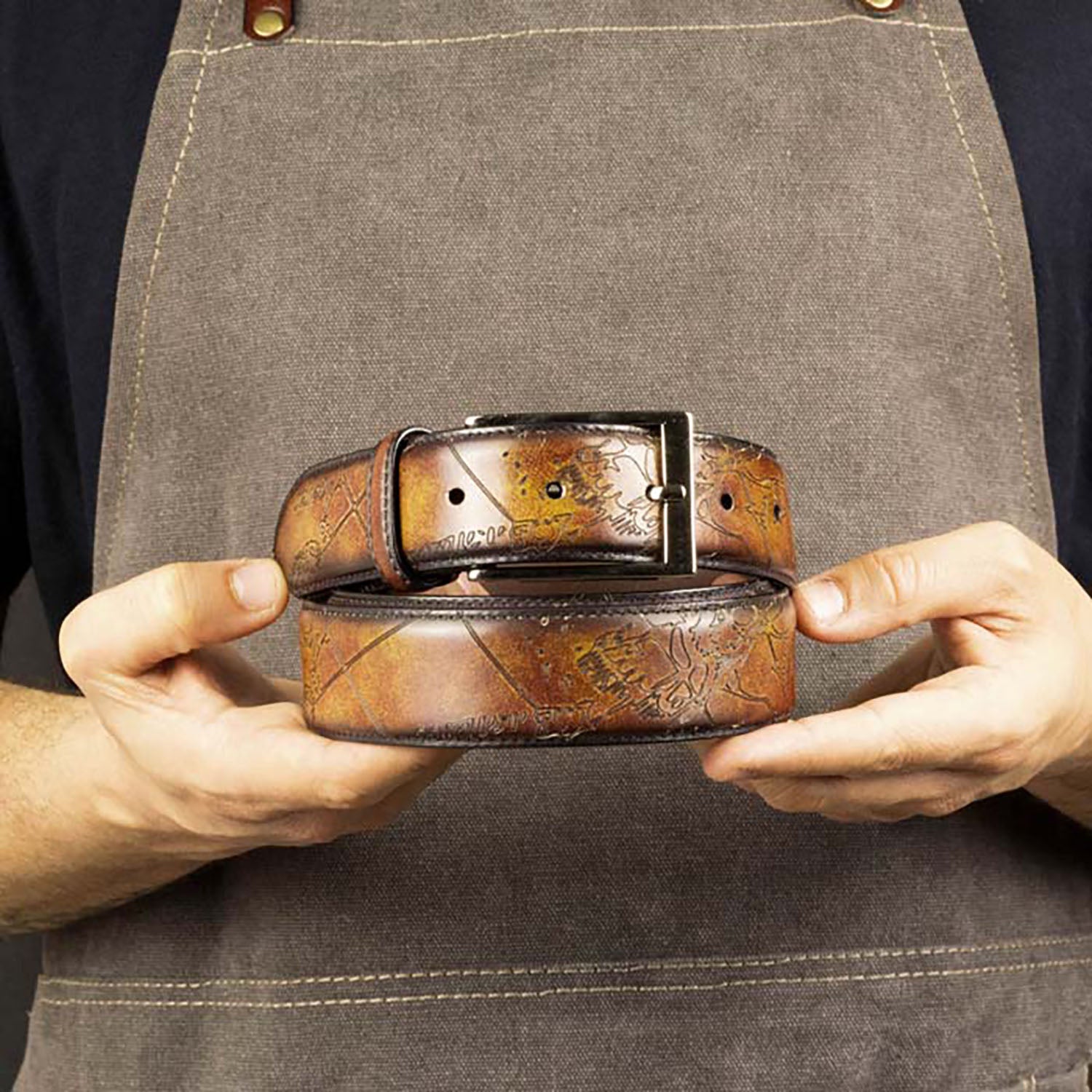 Ambrogio Cartography Fire Patina Leather Hampton Men's Belt (AMBB1048)