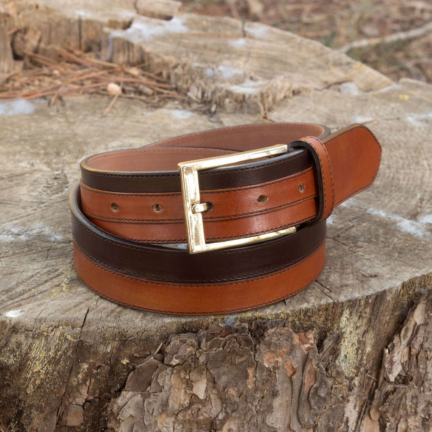 Ambrogio Cognac & Dark Brown Calf-Skin Leather Marseille Men's Belt (AMBB1015)