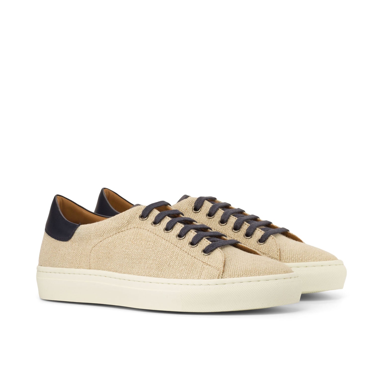 Ambrogio Men's Handmade Custom Made Shoes Beige & Navy Linen / Calf-Skin Leather Casual Trainer Sneakers (AMB1092)