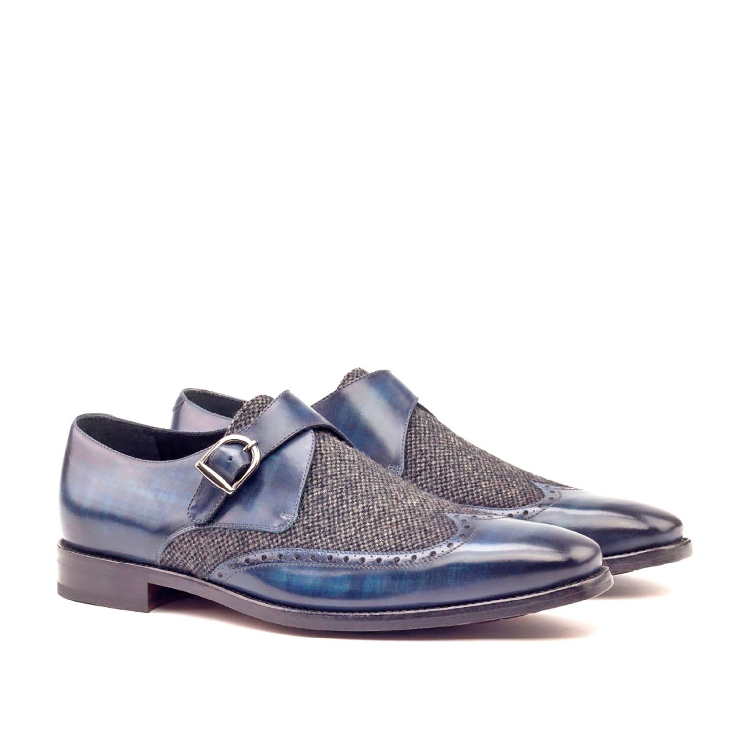 Ambrogio Men's Handmade Custom Made Shoes Black & Blue Texture Print / Patina Leather Monk-Straps Loafers (AMB1062)