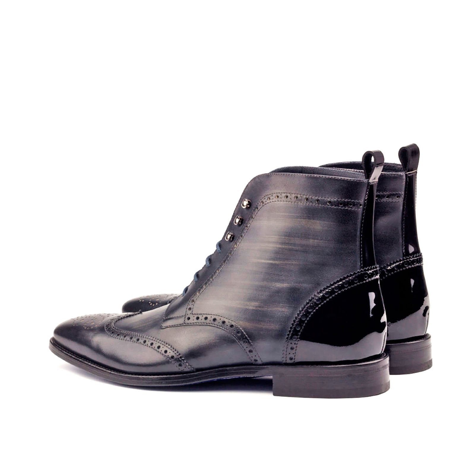 Ambrogio Men's Handmade Custom Made Shoes Black & Gray Patent / Patina Leather Military Brogue Boots (AMB1094)