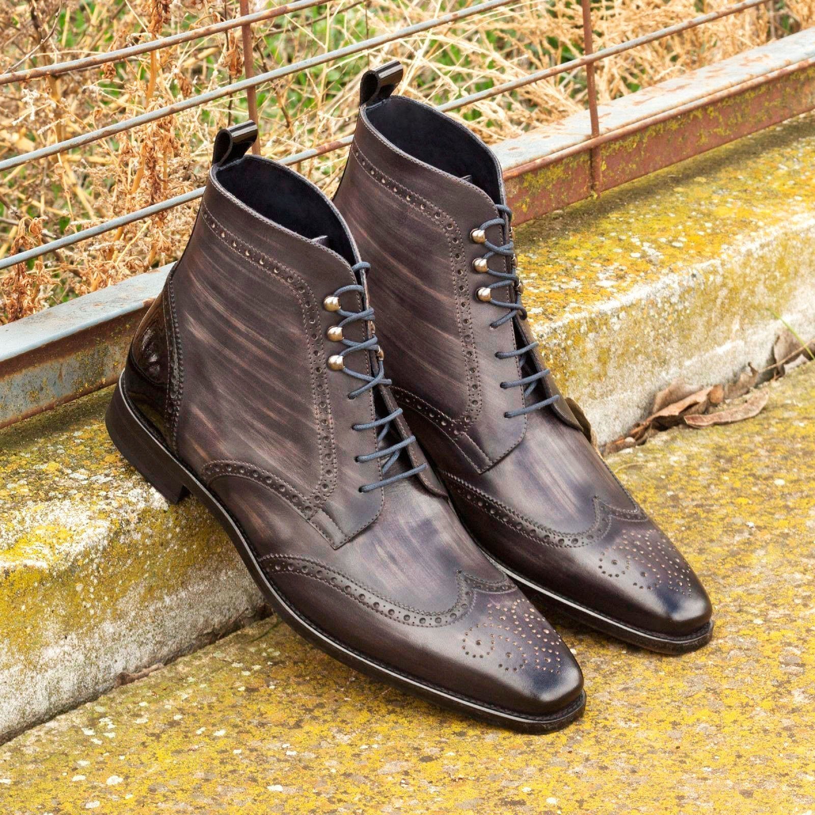 Ambrogio Men's Handmade Custom Made Shoes Black & Gray Patent / Patina Leather Military Brogue Boots (AMB1094)