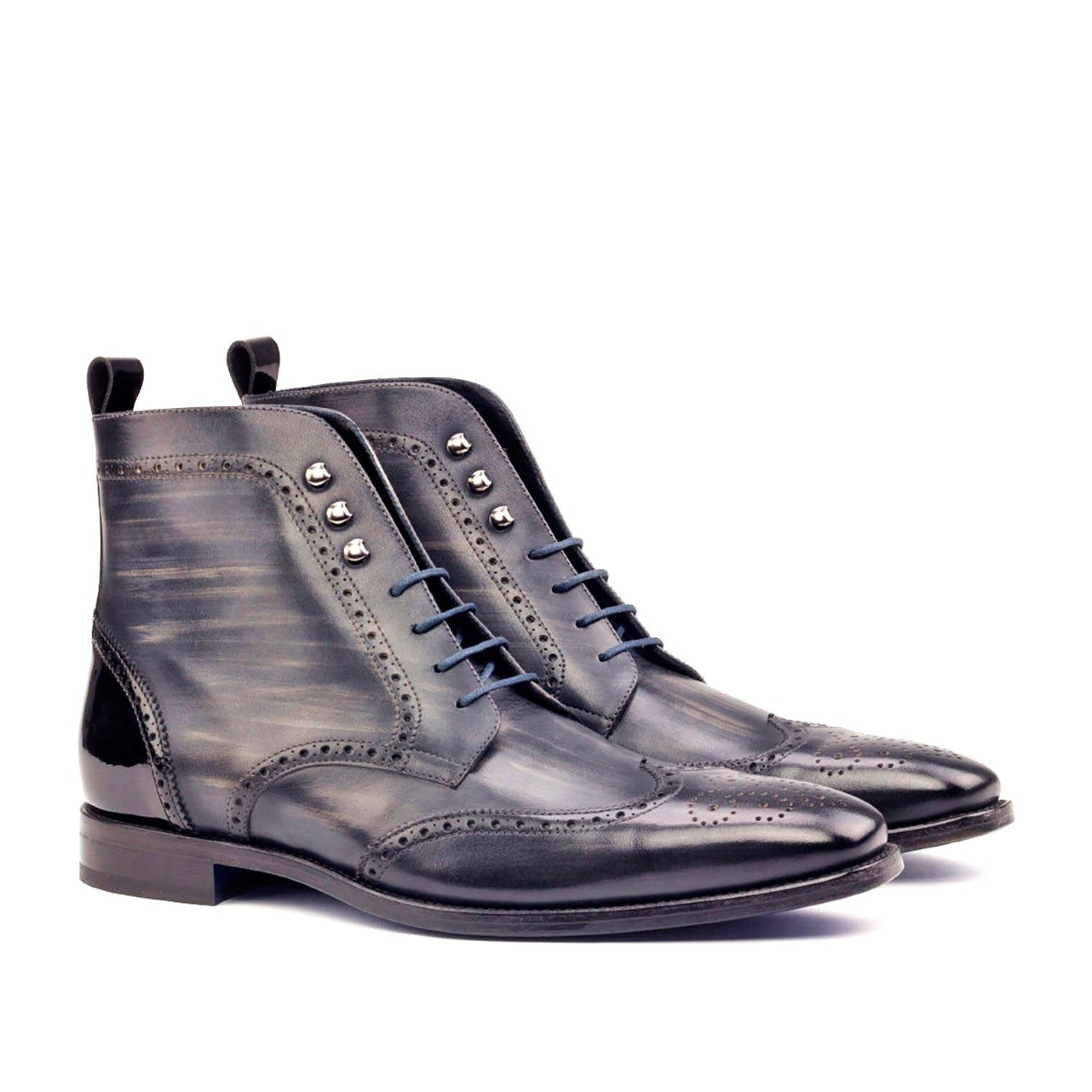 Ambrogio Men's Handmade Custom Made Shoes Black & Gray Patent / Patina Leather Military Brogue Boots (AMB1094)