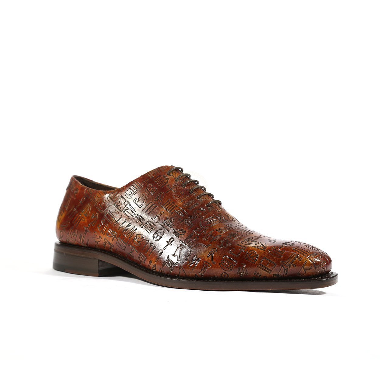 Ambrogio Men's Handmade Custom Made Shoes Brown Ancient Egyptian Print / Patina Leather Whole-Cut Oxfords (AMB1479)