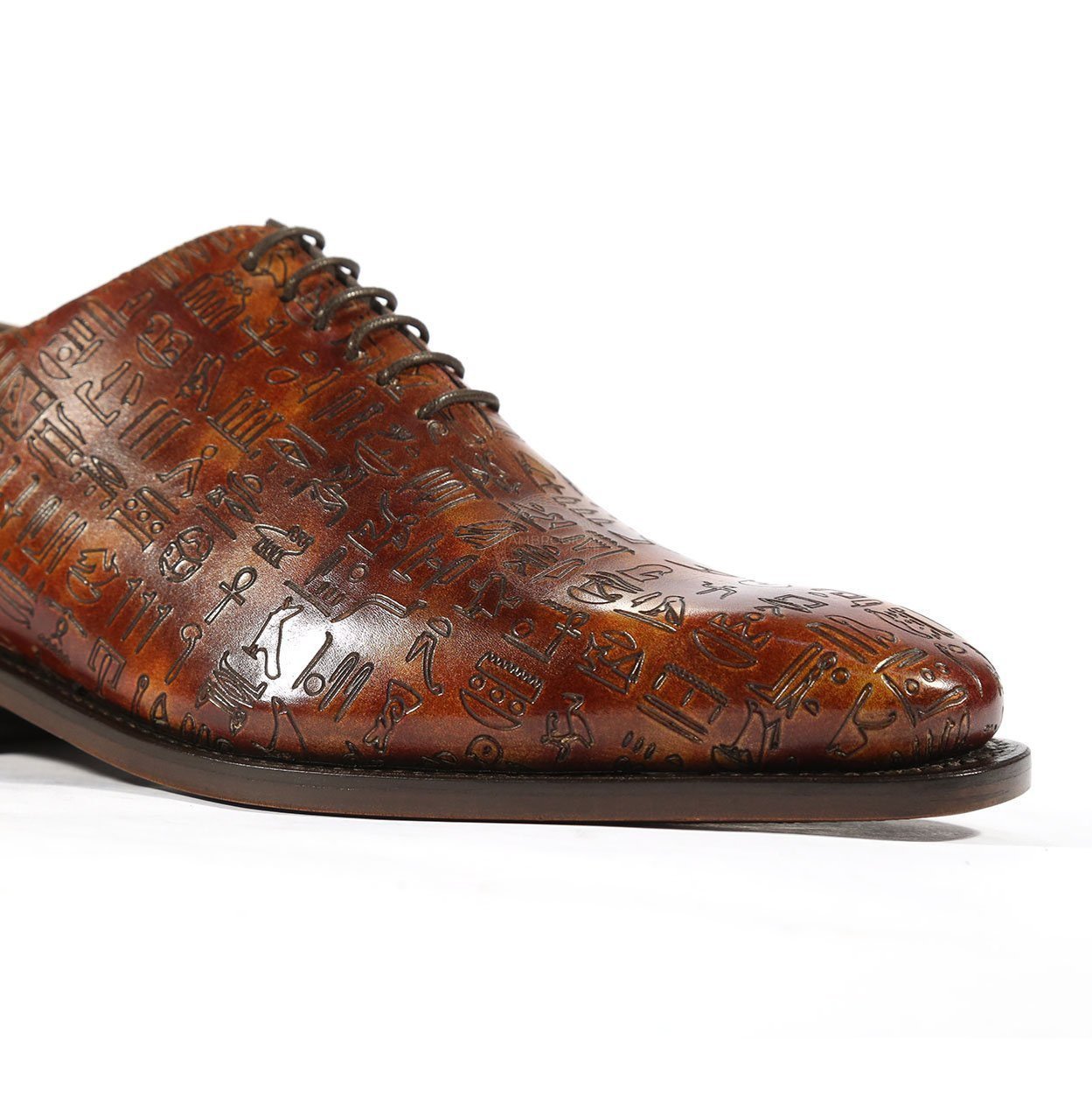 Ambrogio Men's Handmade Custom Made Shoes Brown Ancient Egyptian Print / Patina Leather Whole-Cut Oxfords (AMBS1479)