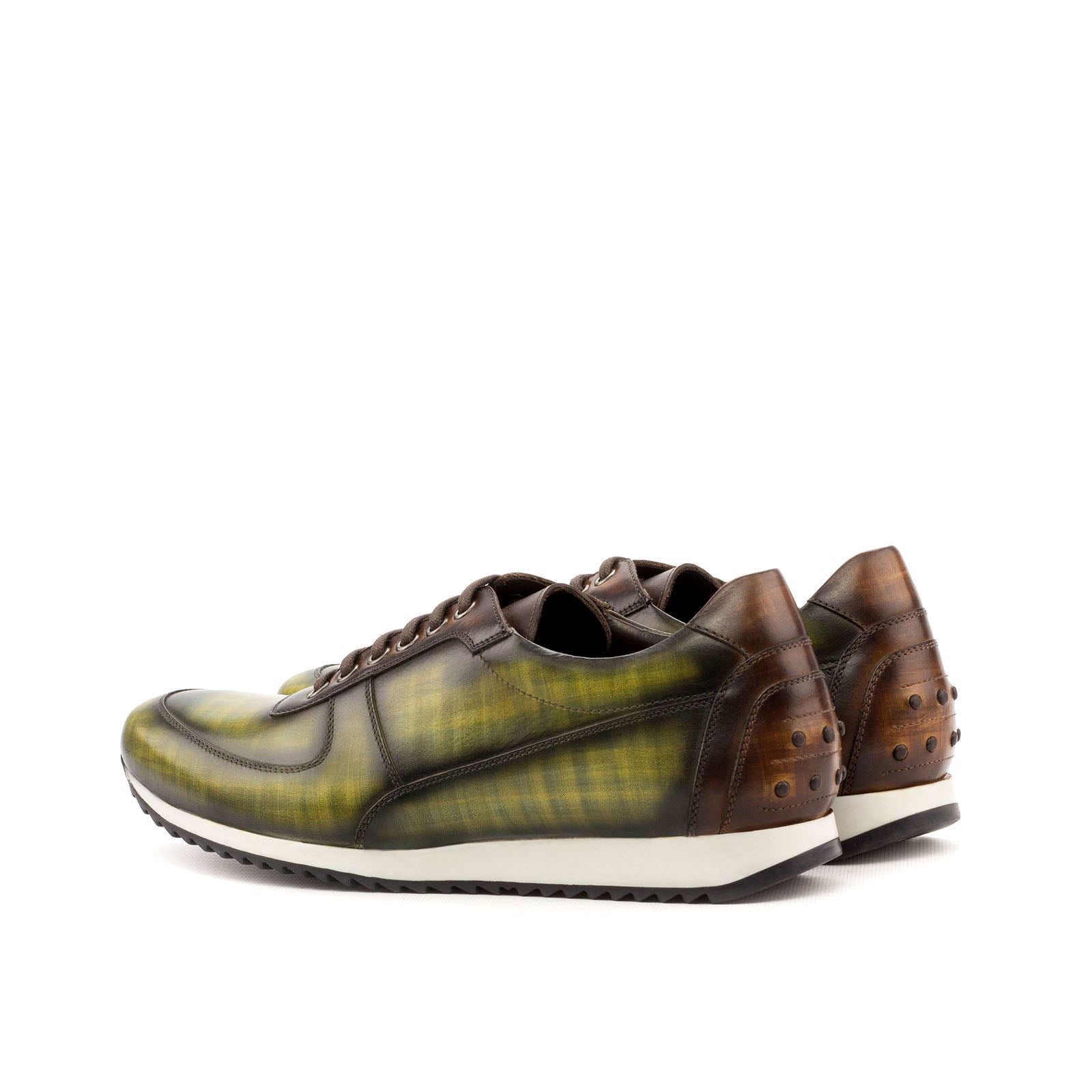 Ambrogio Men's Handmade Custom Made Shoes Brown & Khaki Green Patina Leather Corsini Sneakers (AMB1148)