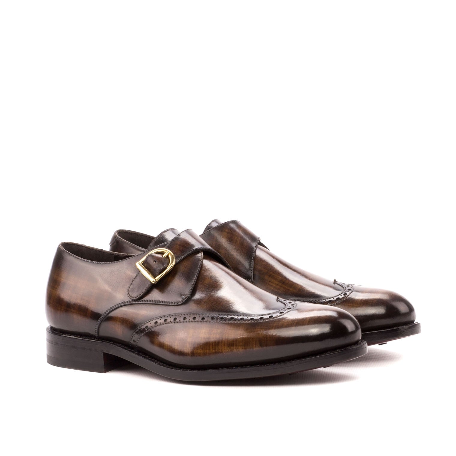 Ambrogio Men's Handmade Custom Made Shoes Brown Patina Leather Monk-Straps Loafers (AMB1057)