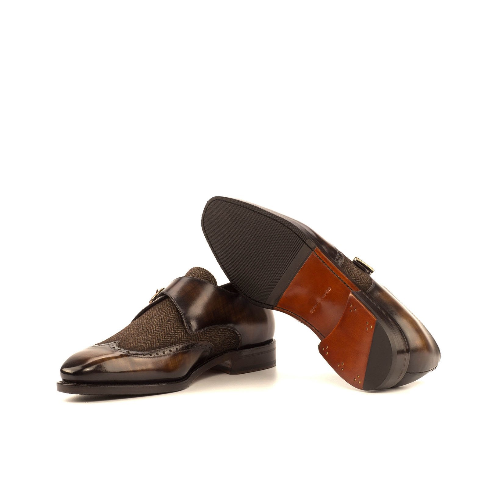 Ambrogio Men's Handmade Custom Made Shoes Brown Texture Print / Patina Leather Monk-Straps Loafers (AMB1063)