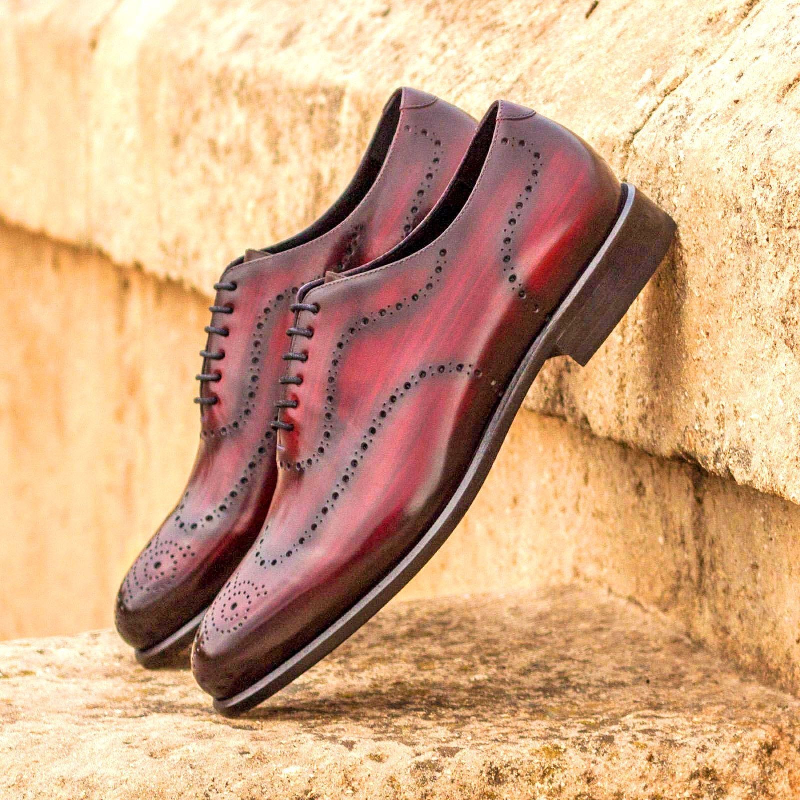 Ambrogio Men's Handmade Custom Made Shoes Burgundy Patina Leather Whole-Cut Oxfords (AMB1162)