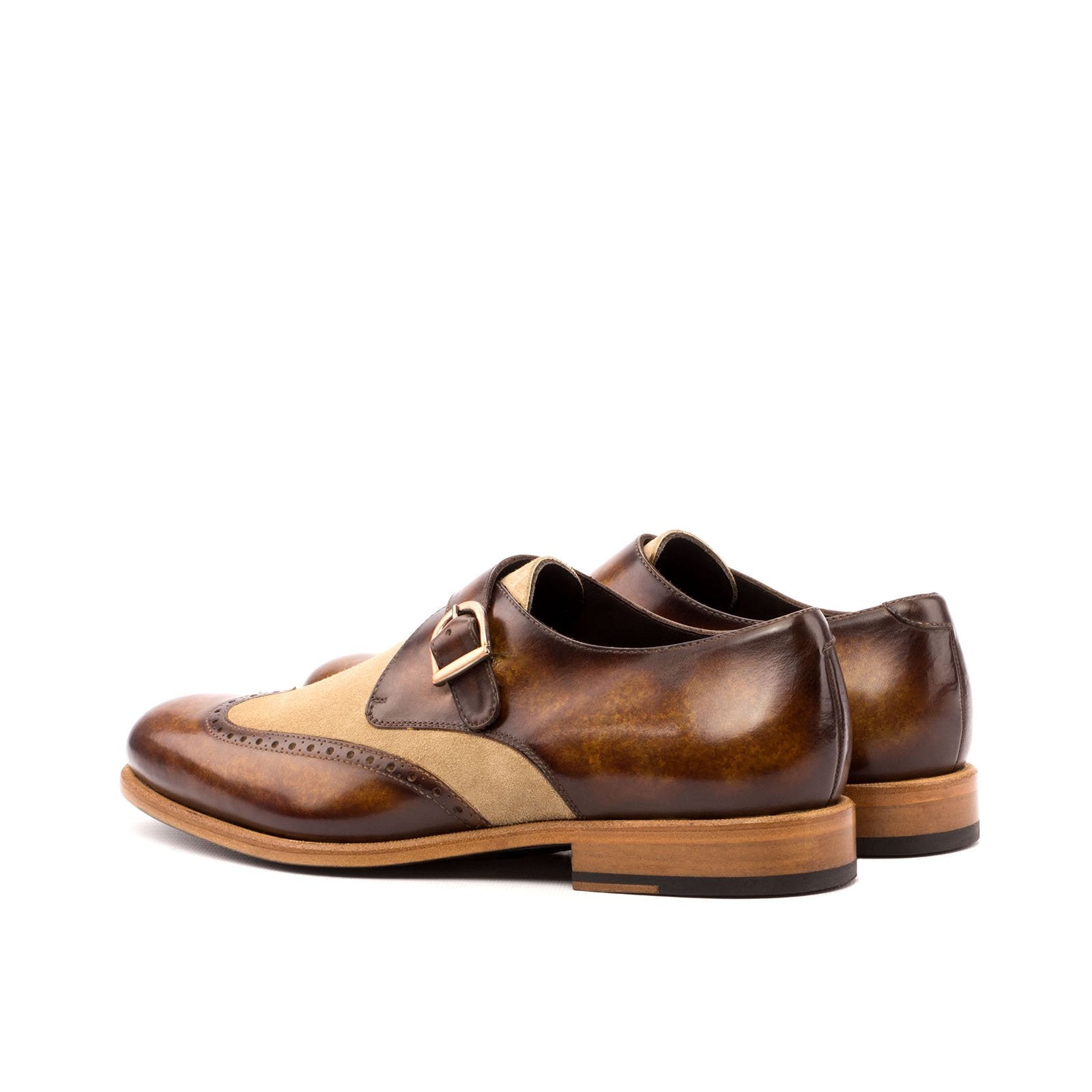 Ambrogio Men's Handmade Custom Made Shoes Camel & Cognac Suede / Patina Leather Monk-Strap Loafers (AMB1195)